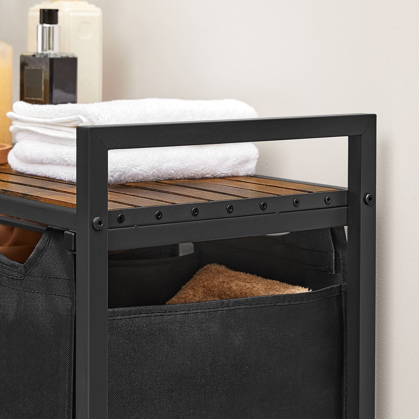 Laundry Sorter - Wood - Rustic Brown and Black - 3 Pull-Out Removable Bags with Storage Shelf
