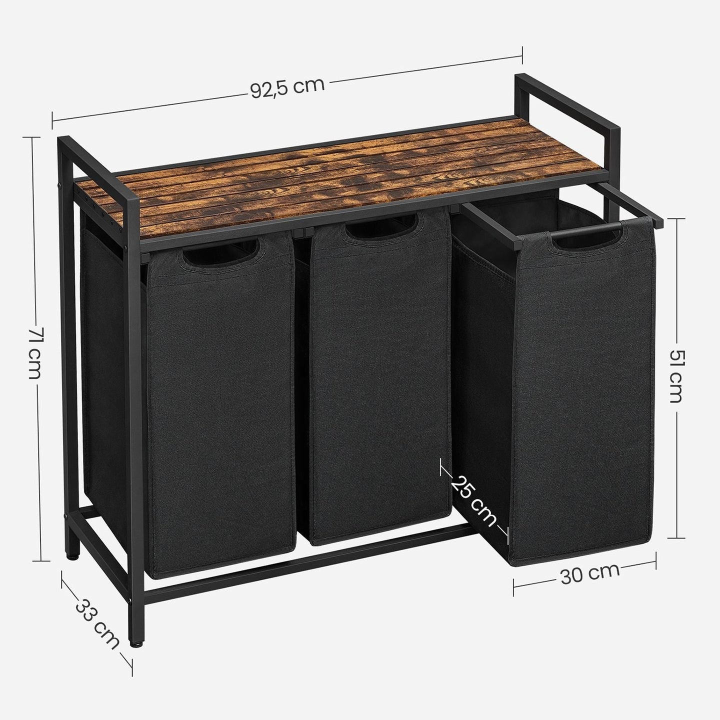 Laundry Sorter - Wood - Rustic Brown and Black - 3 Pull-Out Removable Bags with Storage Shelf