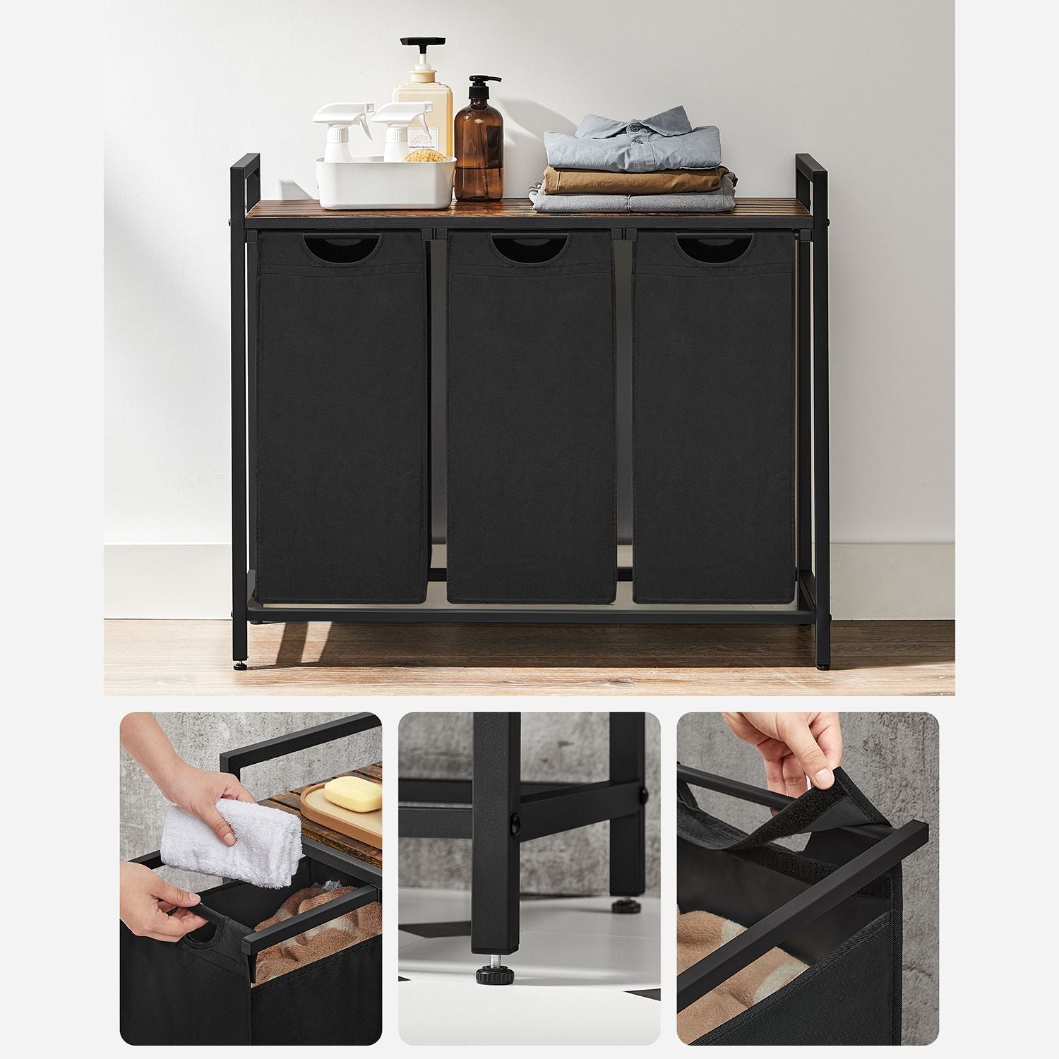 Laundry Sorter - Wood - Rustic Brown and Black - 3 Pull-Out Removable Bags with Storage Shelf
