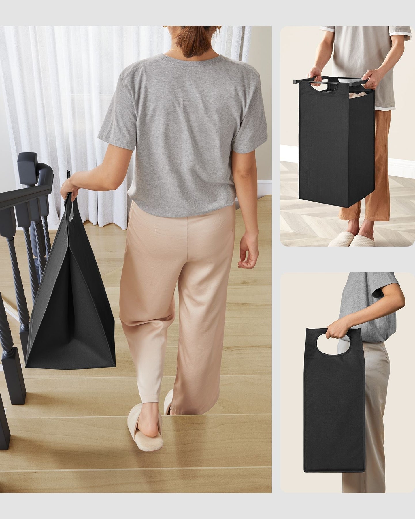 Laundry Sorter - Wood - Rustic Brown and Black - 3 Pull-Out Removable Bags with Storage Shelf