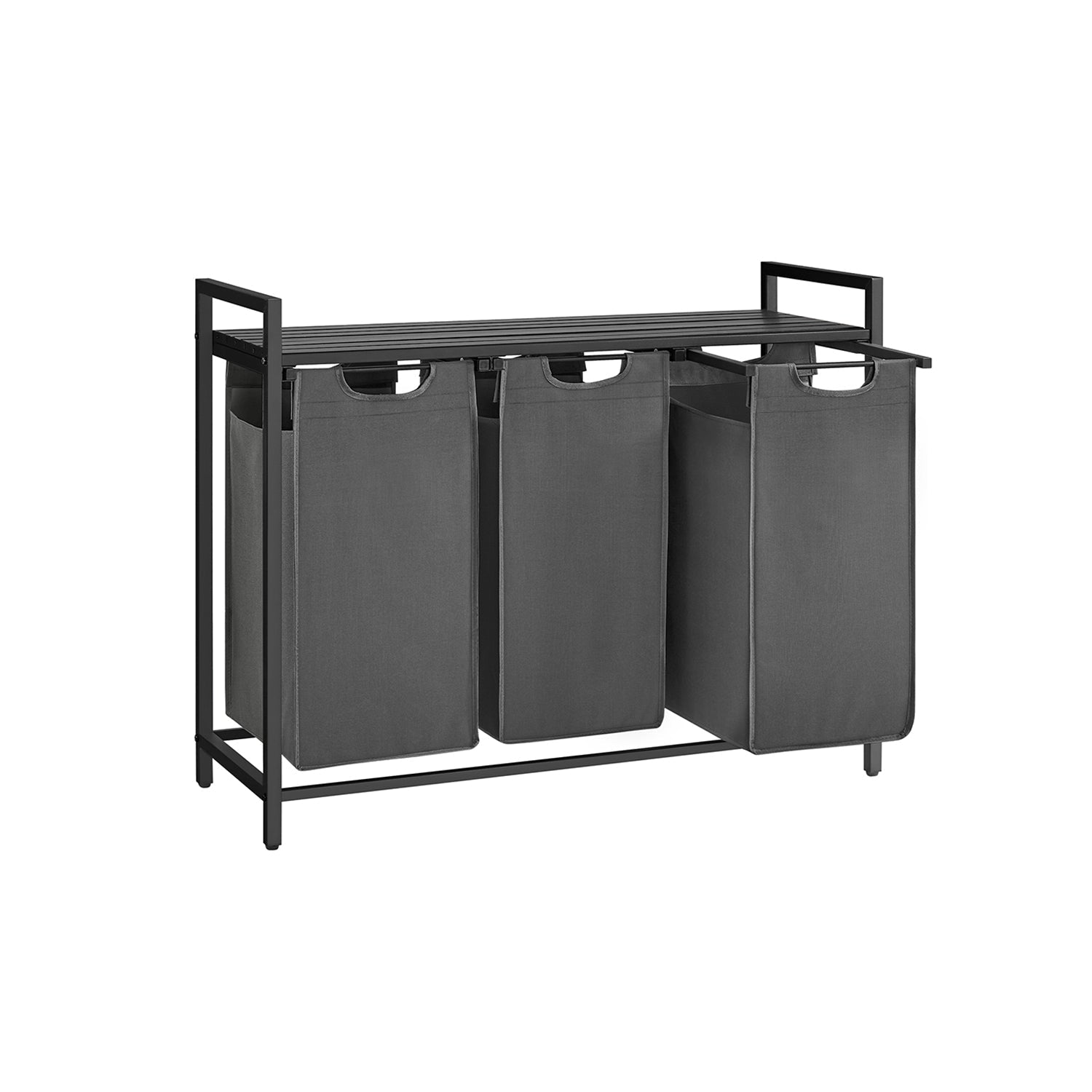 Laundry Basket - Fabric - Black and Grey - 3-Compartment with Pull-Out Removable Bags and Storage Shelf