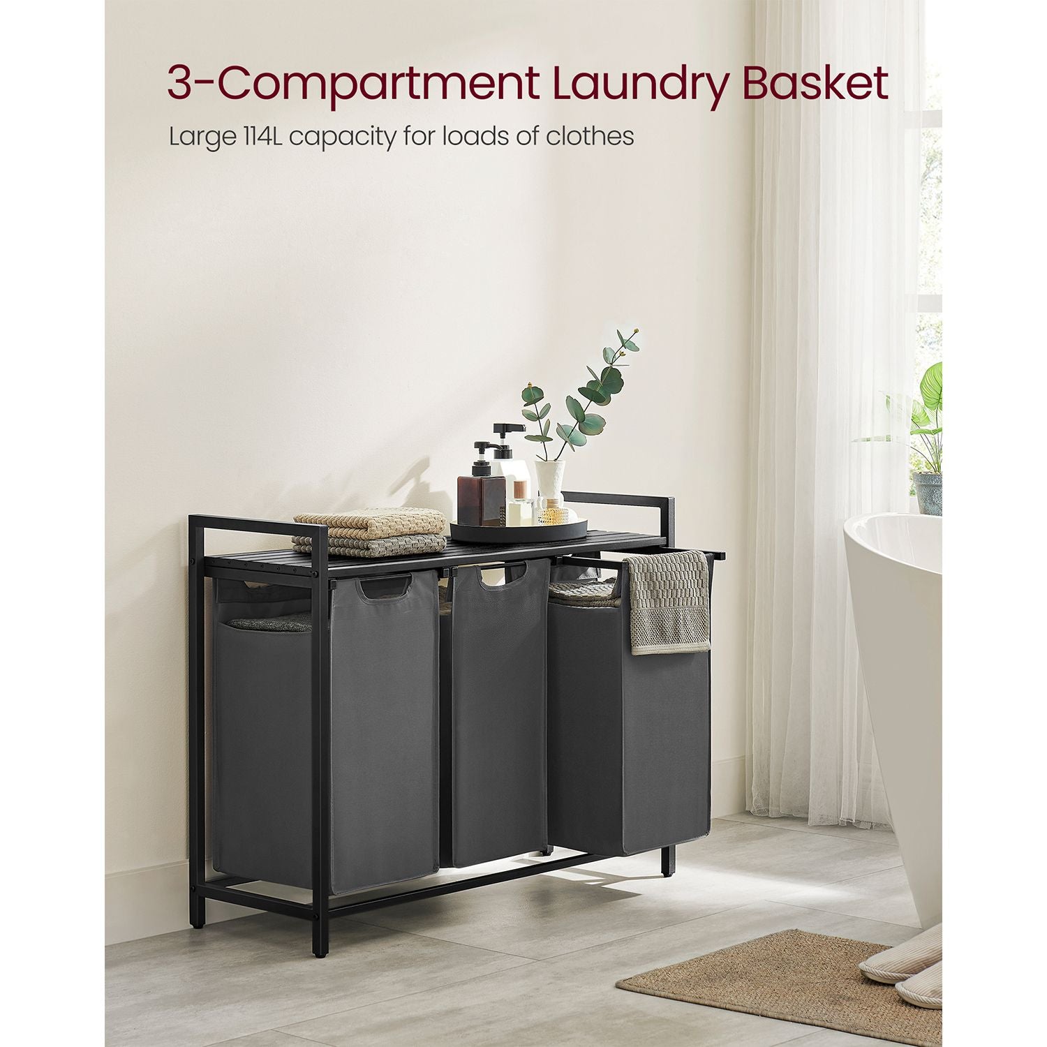 Laundry Basket - Fabric - Black and Grey - 3-Compartment with Pull-Out Removable Bags and Storage Shelf