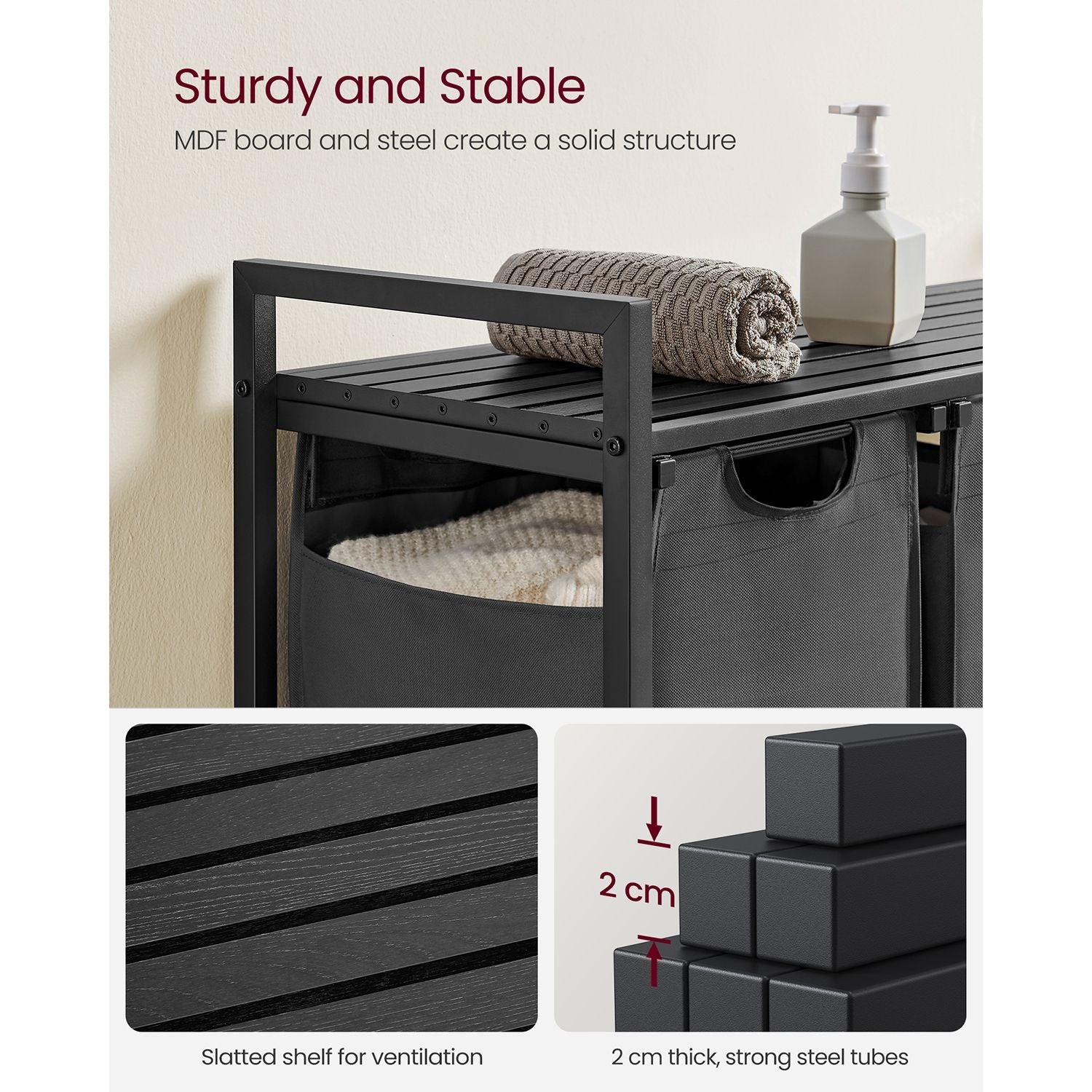 Laundry Basket - Fabric - Black and Grey - 3-Compartment with Pull-Out Removable Bags and Storage Shelf