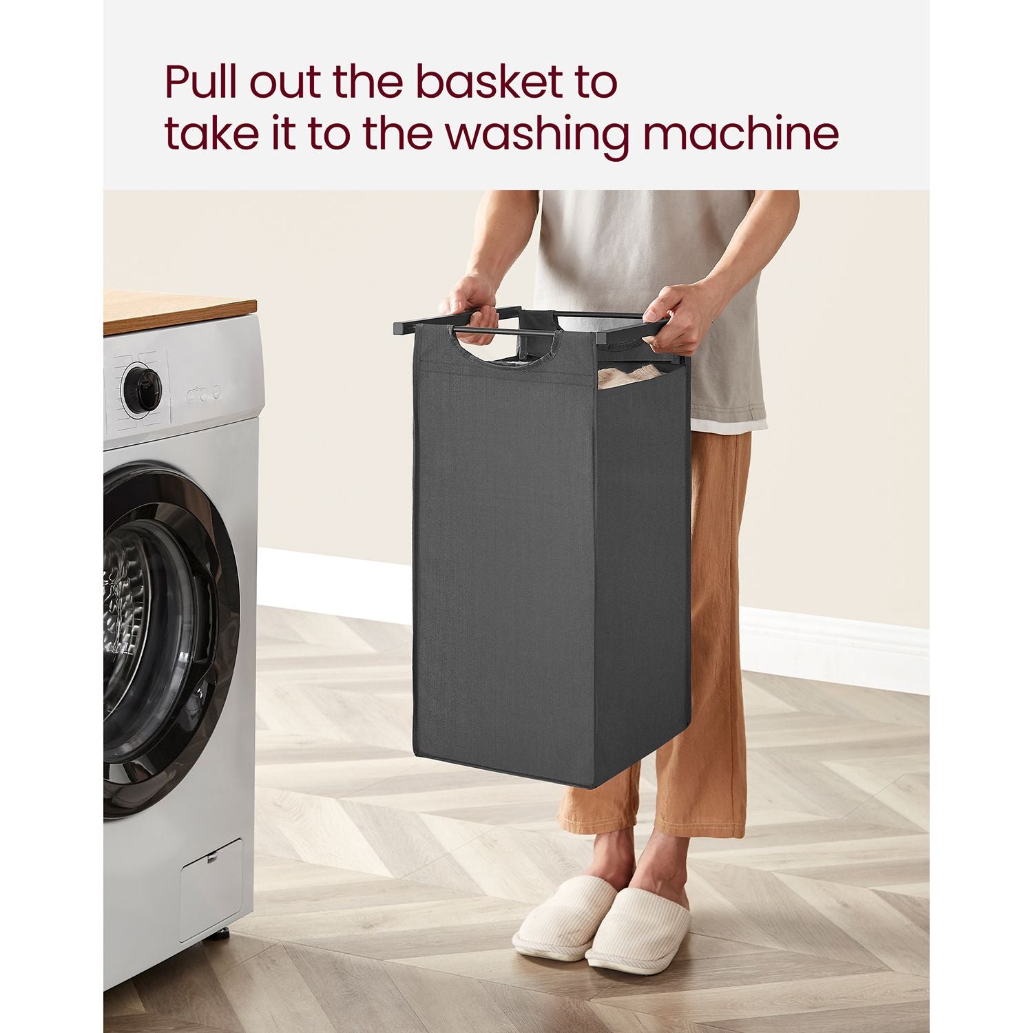 Laundry Basket - Fabric - Black and Grey - 3-Compartment with Pull-Out Removable Bags and Storage Shelf