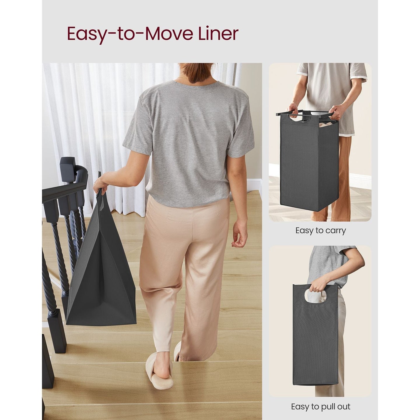Laundry Basket - Fabric - Black and Grey - 3-Compartment with Pull-Out Removable Bags and Storage Shelf