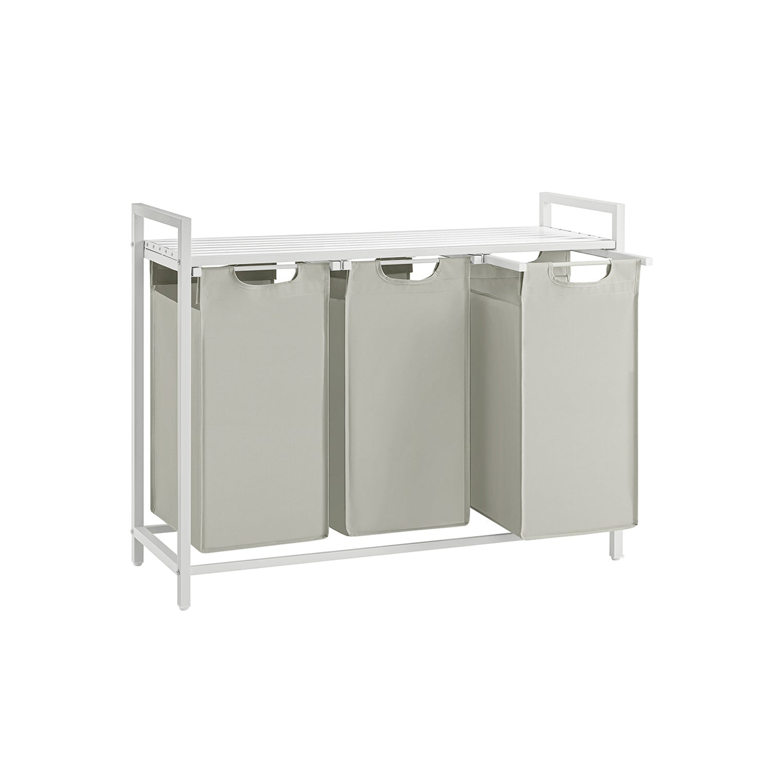 Laundry Basket - Fabric - White - Three Compartment Sorter with Storage Shelf