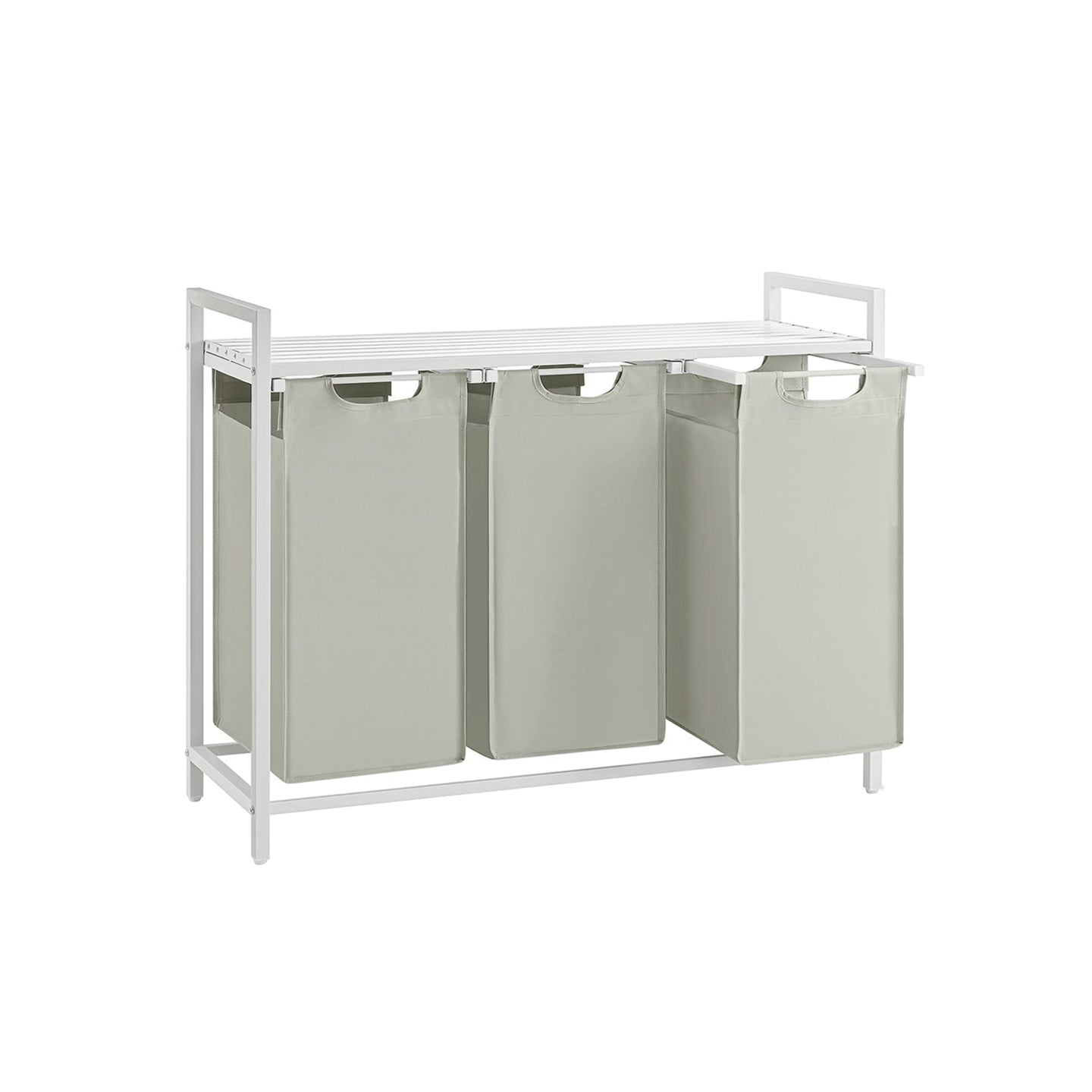 Laundry Basket - Fabric - White - Three Compartment Sorter with Storage Shelf