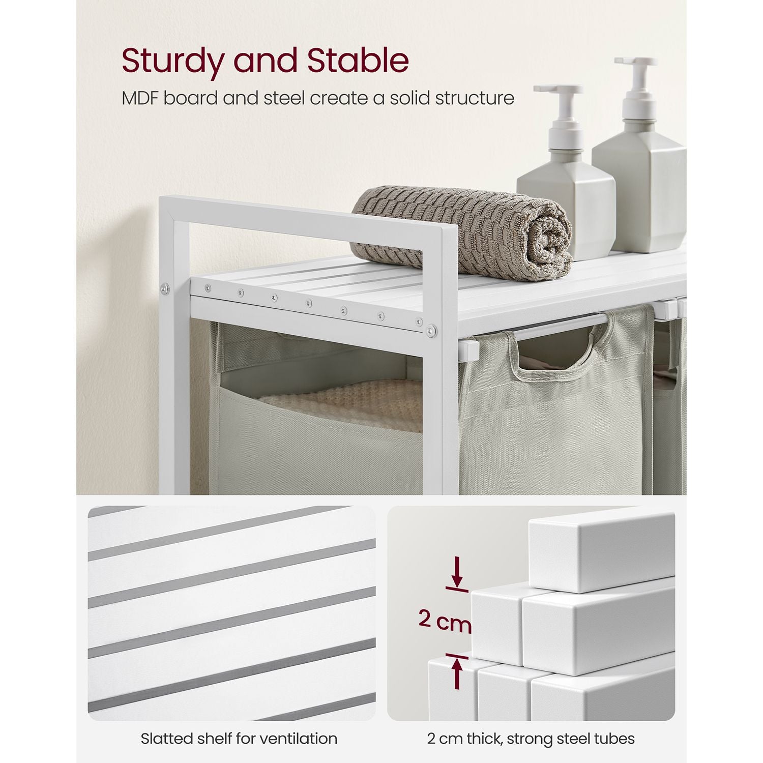 Laundry Basket - Fabric - White - Three Compartment Sorter with Storage Shelf