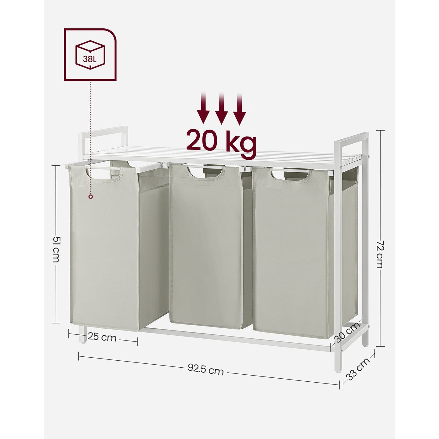 Laundry Basket - Fabric - White - Three Compartment Sorter with Storage Shelf