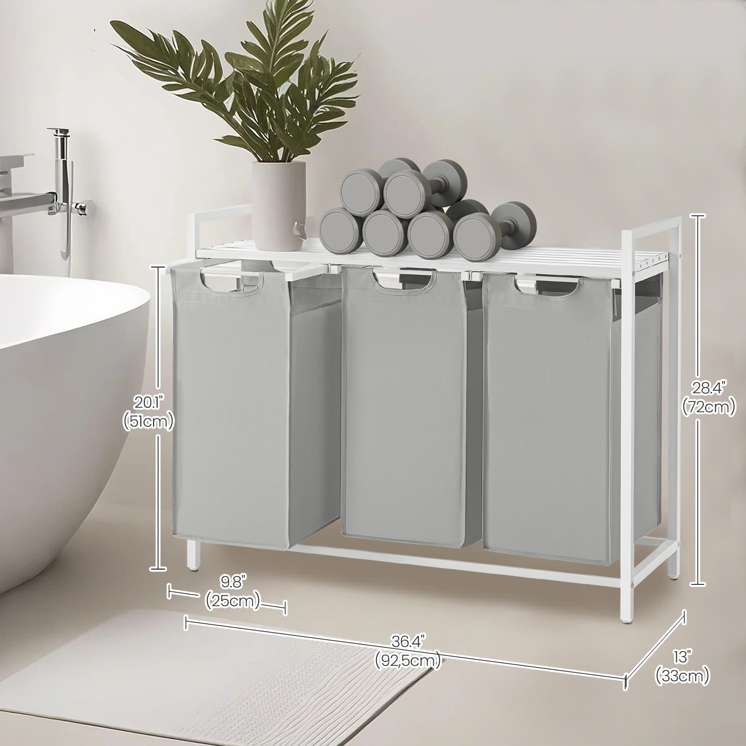 Laundry Sorter - Metal - Grey - 3-Section Design with Removable Bags and Shelf