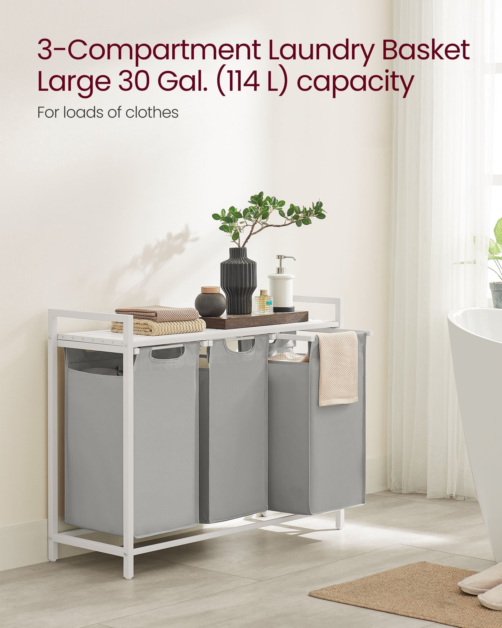 3-Compartment Laundry Hamper - Wood - Rustic Brown and Black - Removable Bags with Storage Shelf