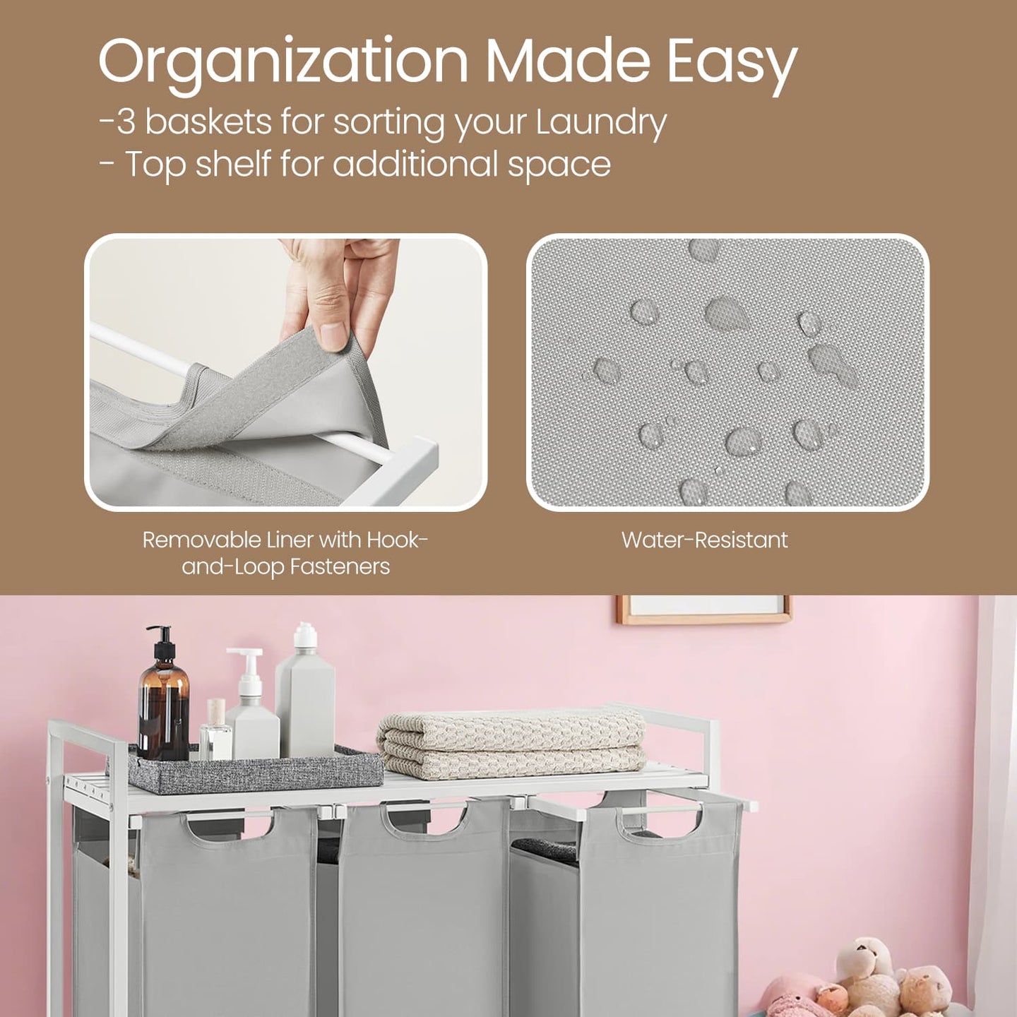 Laundry Sorter - Metal - Grey - 3-Section Design with Removable Bags and Shelf
