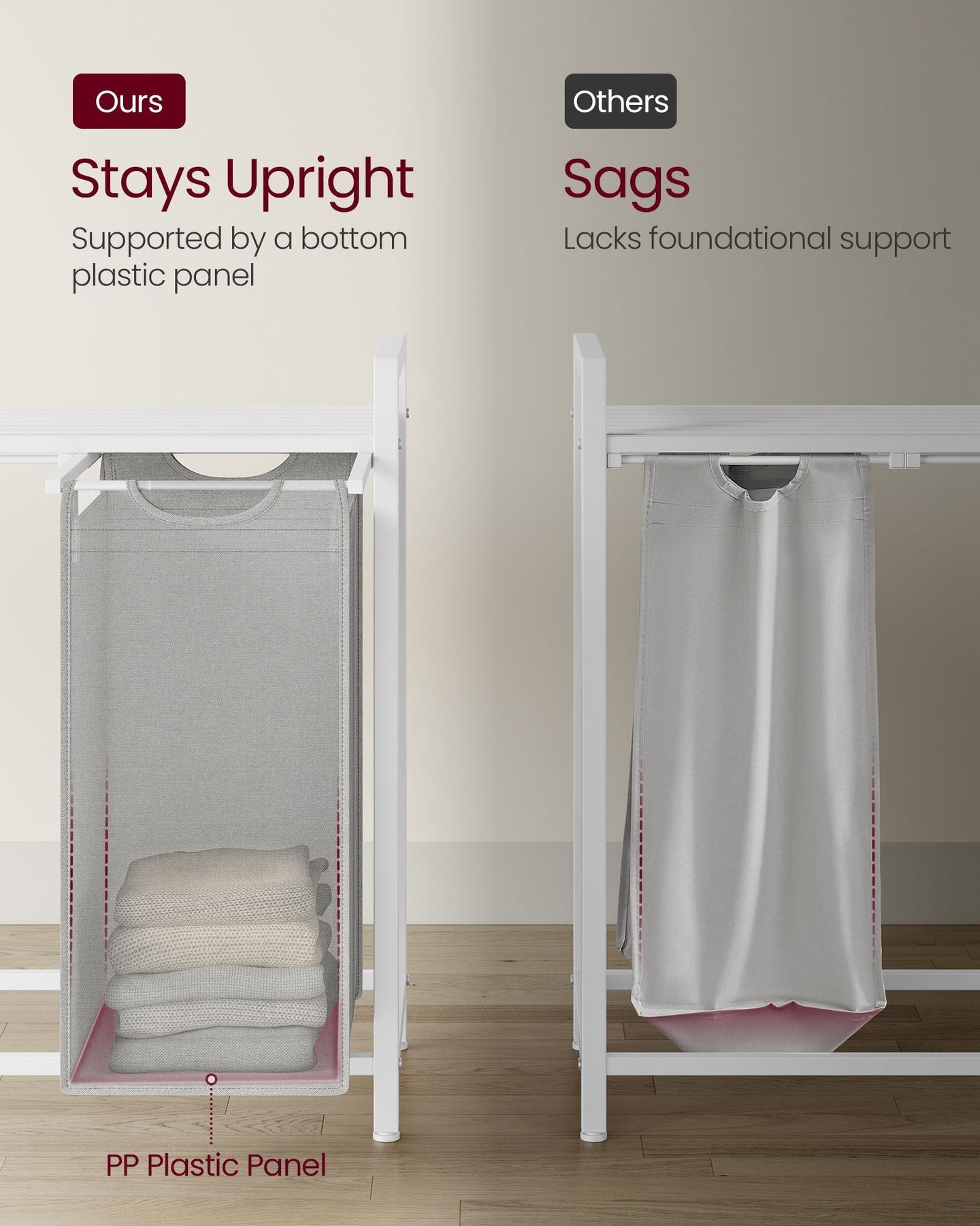 3-Compartment Laundry Hamper - Wood - Rustic Brown and Black - Removable Bags with Storage Shelf