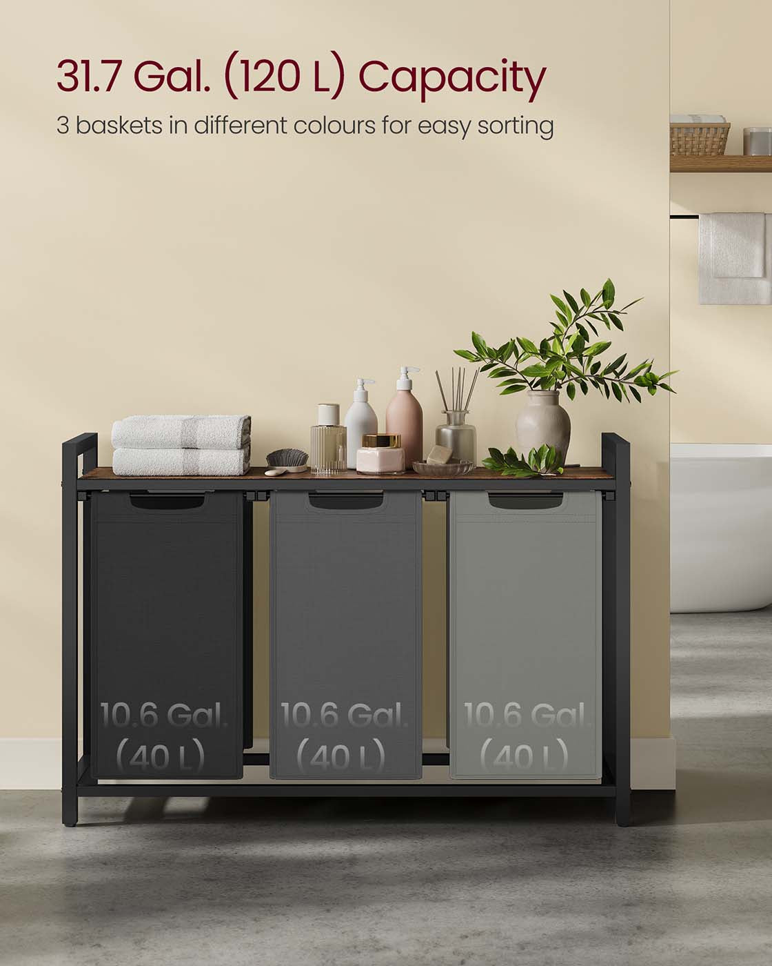 Laundry Basket - Wood - Ink Black - 4-Compartment with Removable Bags and Storage Shelf