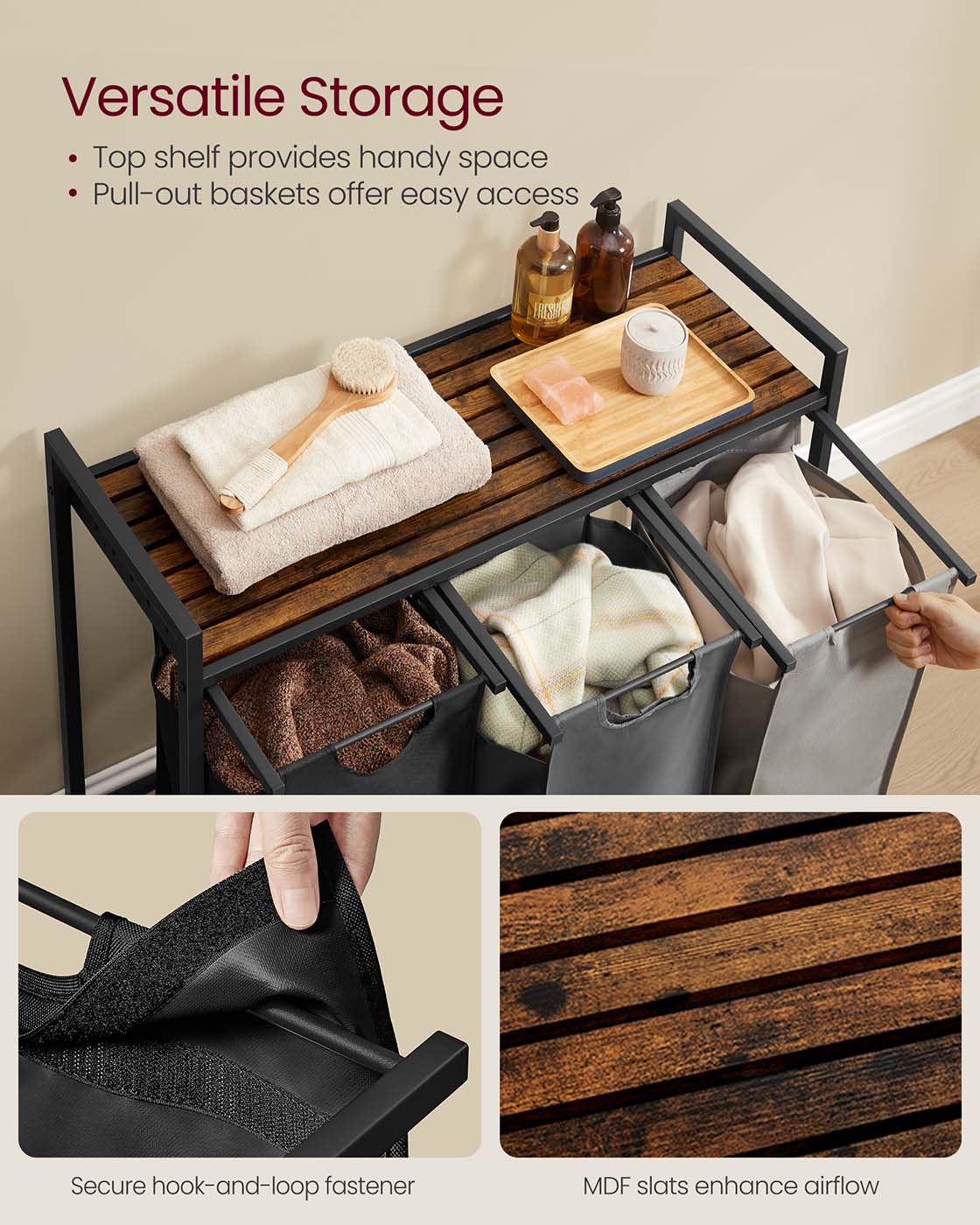 Laundry Basket - Wood - Ink Black - 4-Compartment with Removable Bags and Storage Shelf