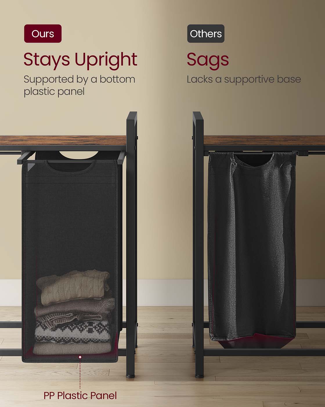 Laundry Basket - Wood - Ink Black - 4-Compartment with Removable Bags and Storage Shelf