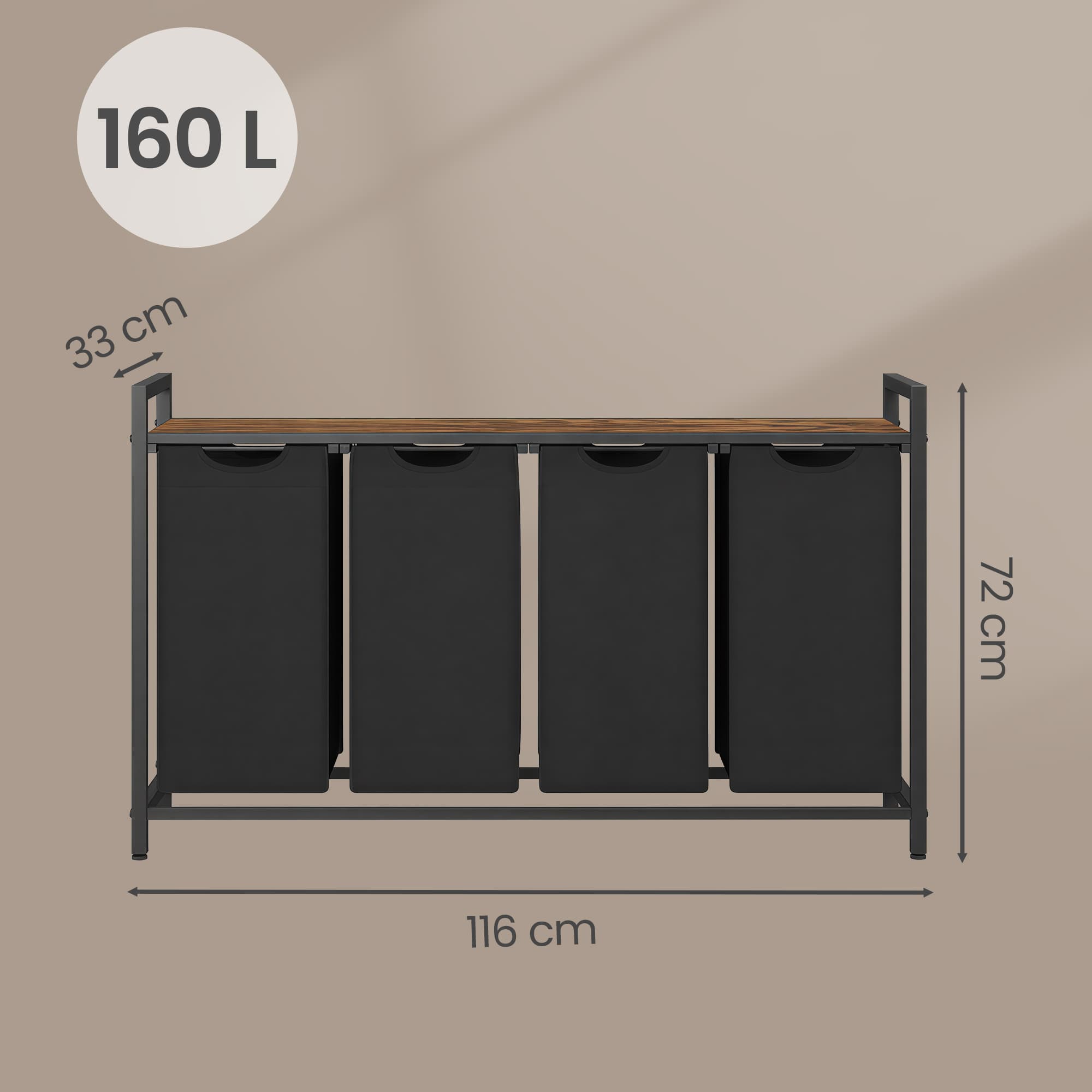 4-Section Laundry Hamper - Metal Frame - Rustic Brown and Black - Removable Bags and Shelf