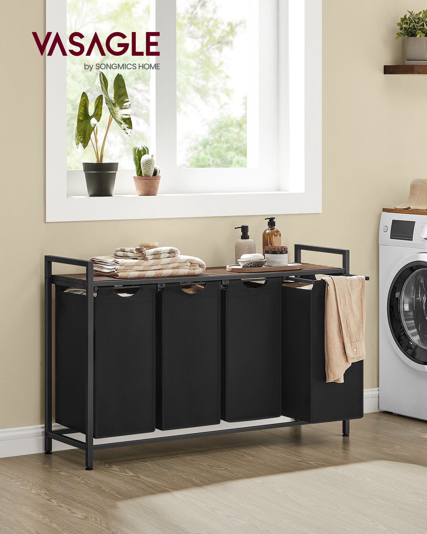 Laundry Basket - Wood - Rustic Brown - 4-Compartment with Removable Bags and Storage Shelf