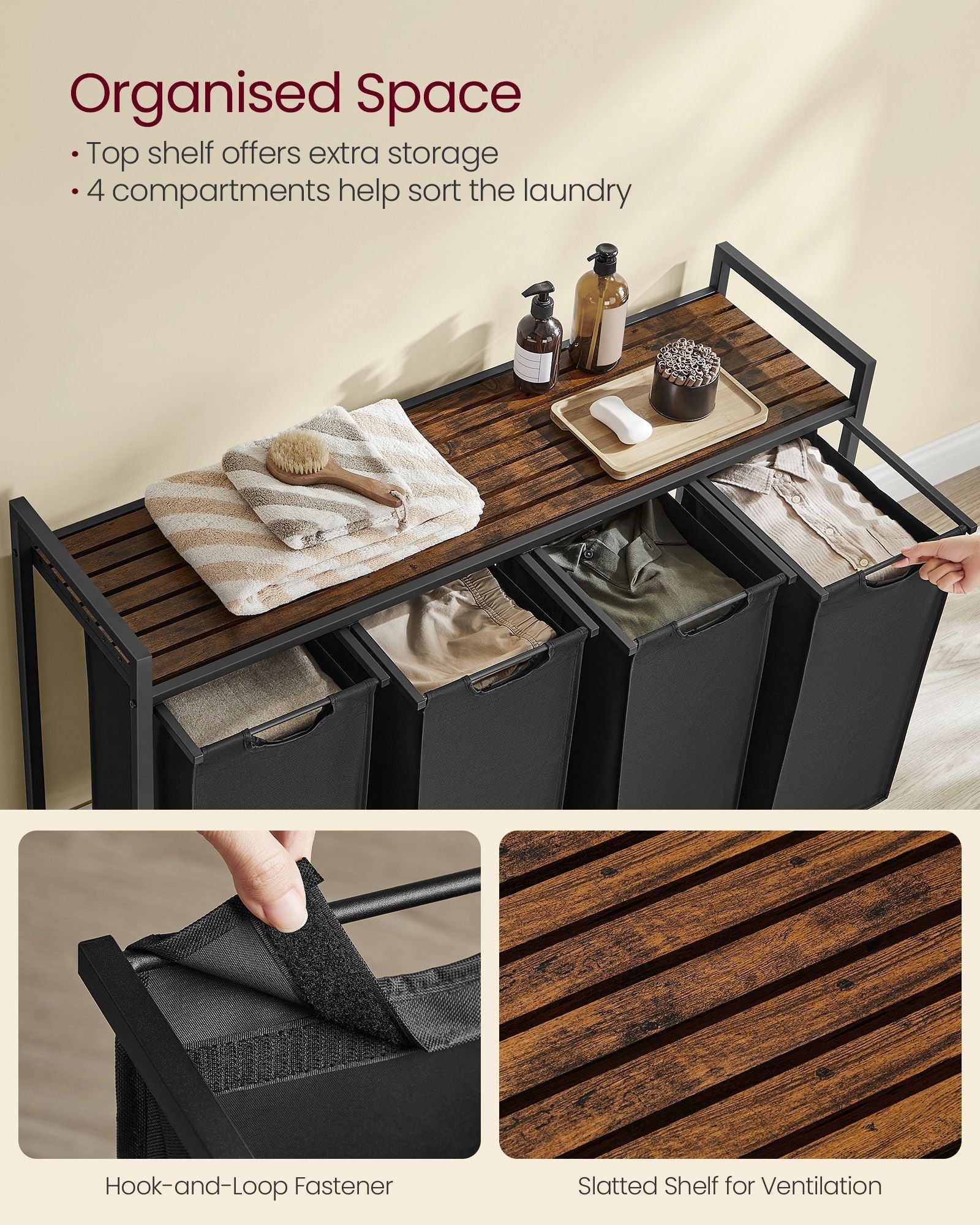 Laundry Basket - Wood - Rustic Brown - 4-Compartment with Removable Bags and Storage Shelf