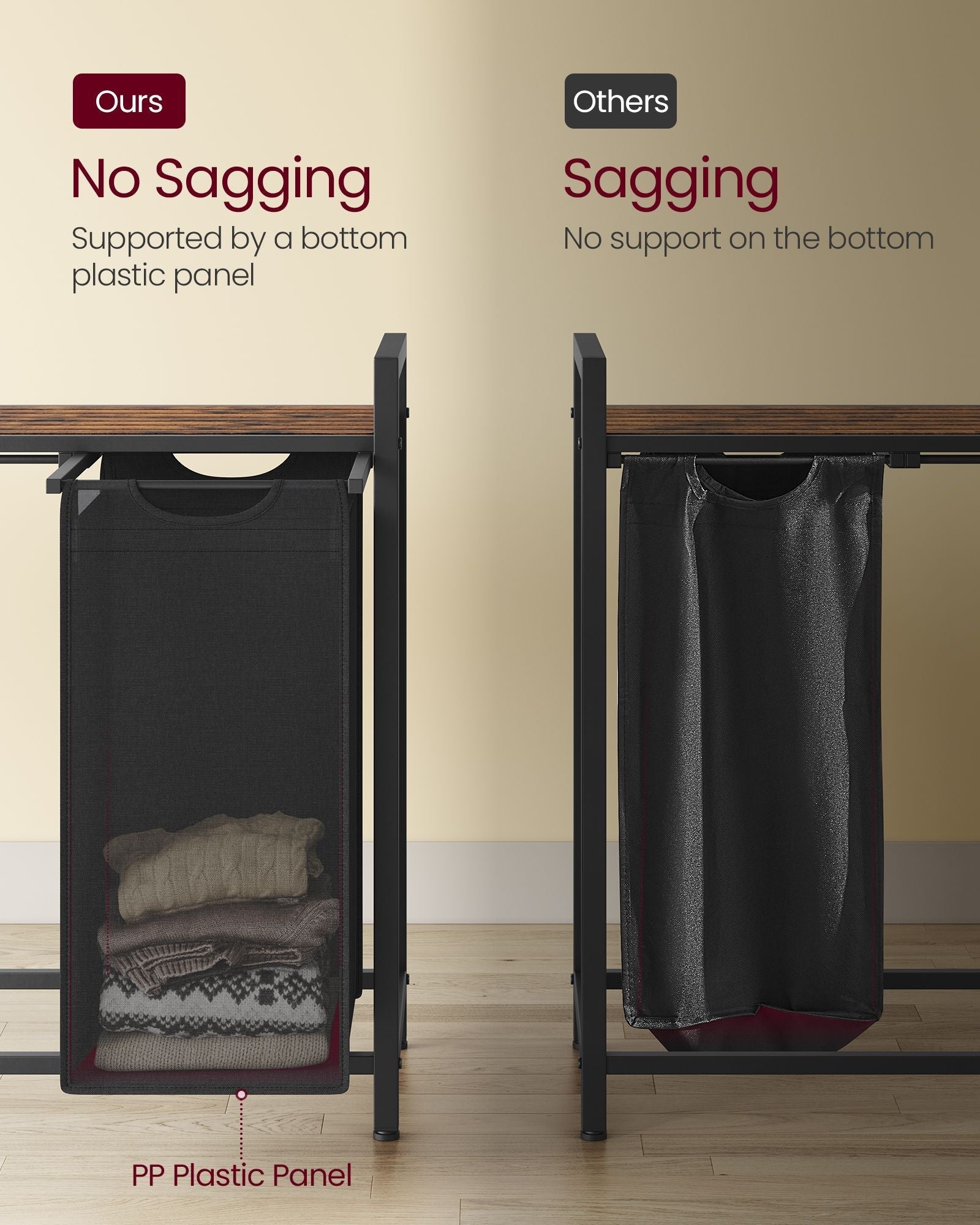 Laundry Basket - Wood - Rustic Brown - 4-Compartment with Removable Bags and Storage Shelf