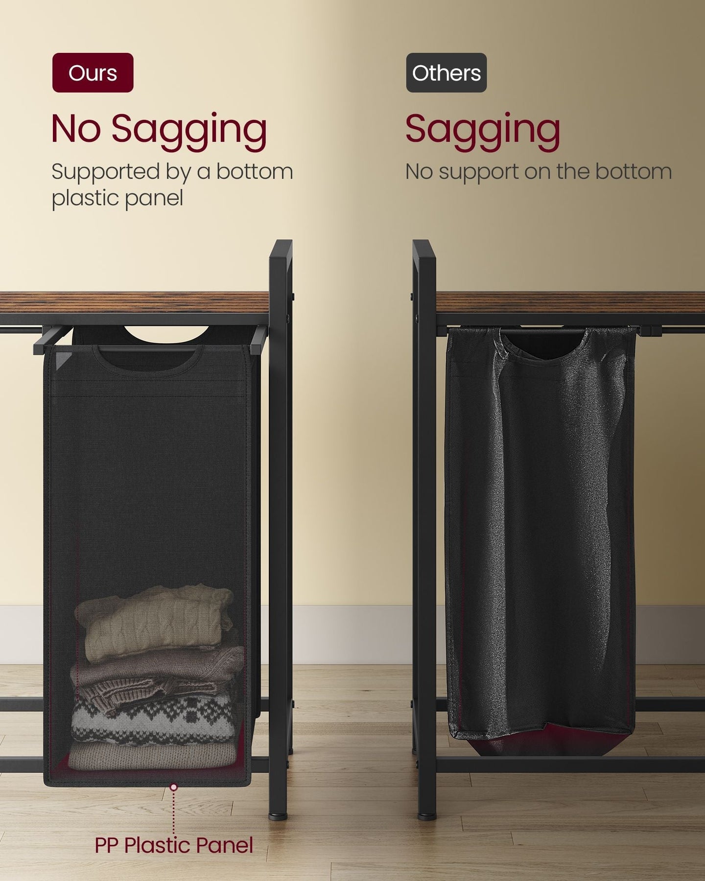 Laundry Basket - Wood - Rustic Brown - 4-Compartment with Removable Bags and Storage Shelf