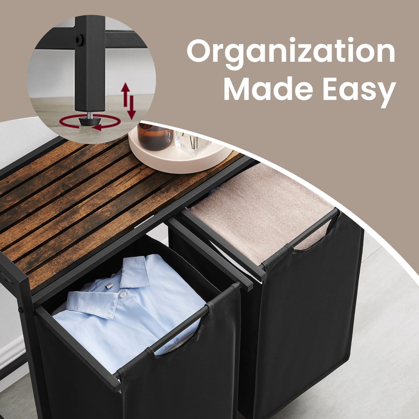 4-Section Laundry Hamper - Metal Frame - Rustic Brown and Black - Removable Bags and Shelf