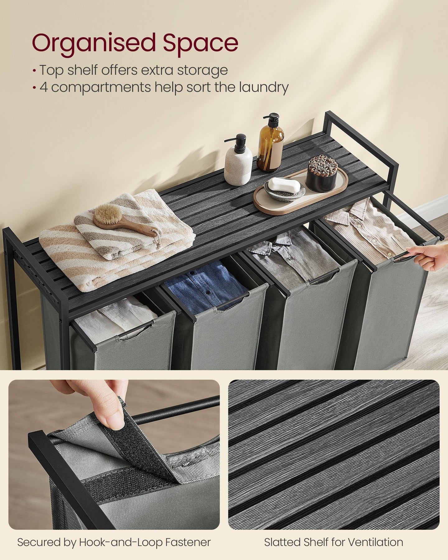 Laundry Sorter - Fabric - Ink Black and Slate Grey - 4-Compartment with Pull-Out Bags and Storage Shelf