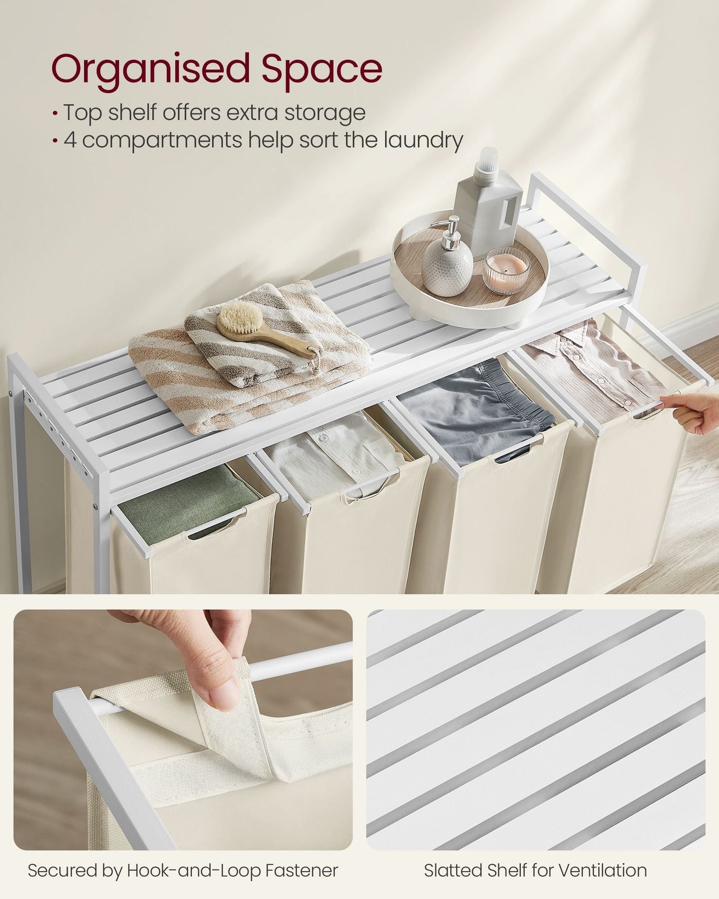 Laundry Basket - Fabric - Cream White - 4 Pull-Out Bags with 40L Capacity Each