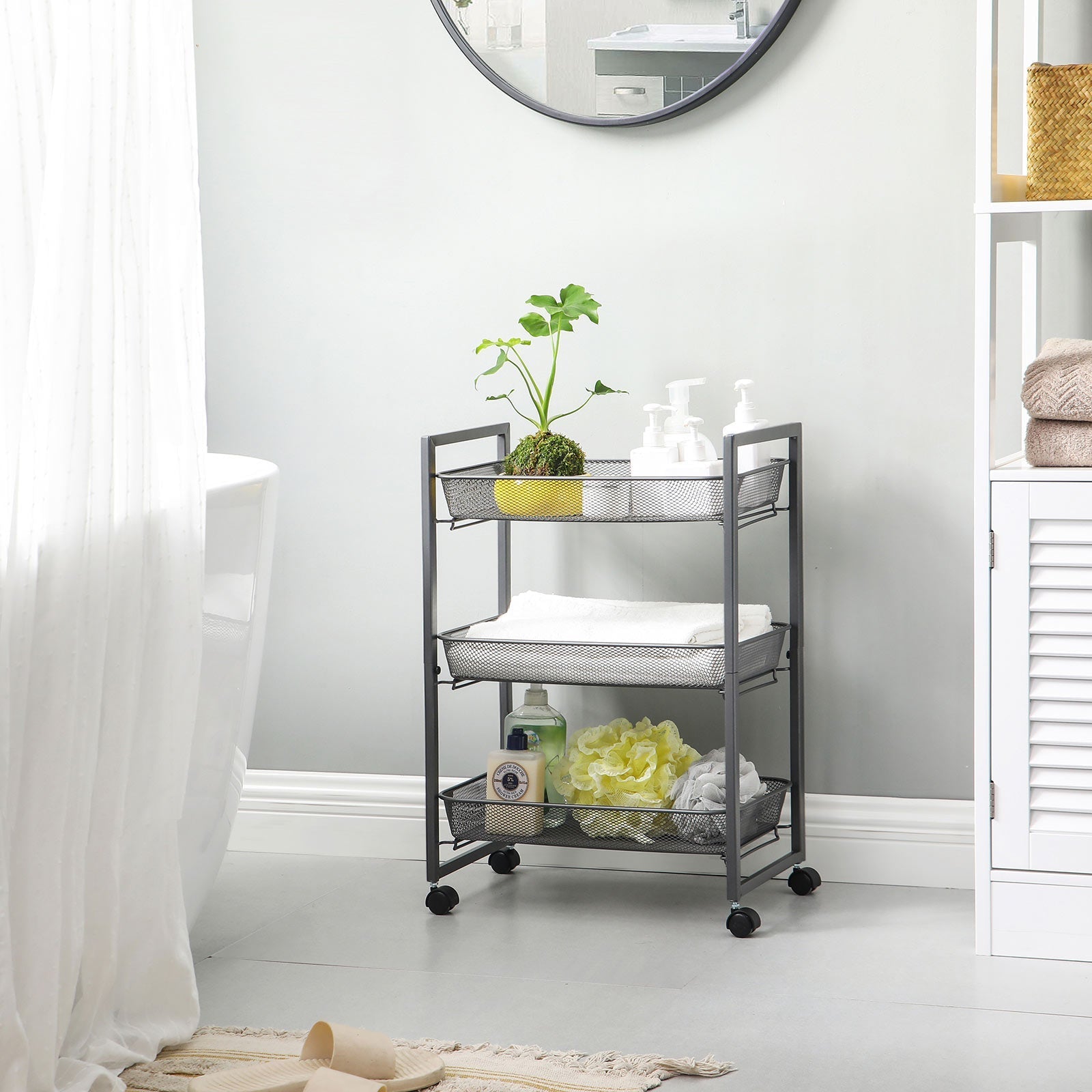 Storage Cart - Metal - Grey - 3-Tier with Wire Baskets for Kitchen and Bathroom