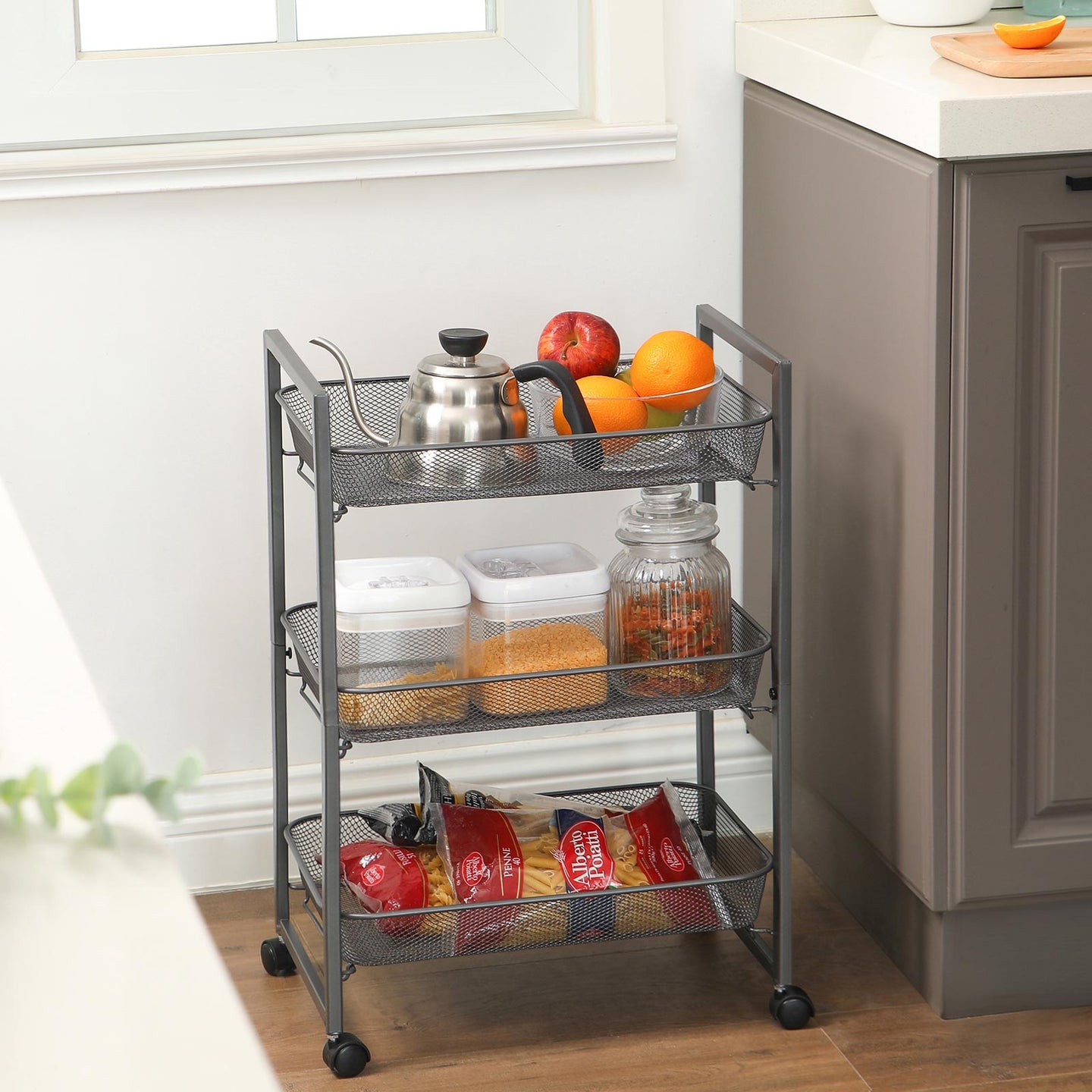 Storage Cart - Metal - Grey - 3-Tier with Wire Baskets for Kitchen and Bathroom