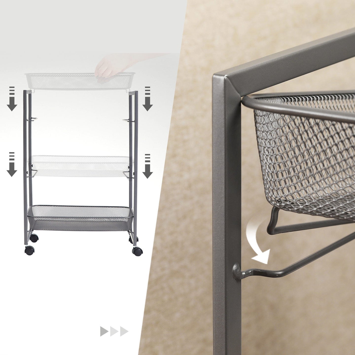 Storage Cart - Metal - Grey - 3-Tier with Wire Baskets for Kitchen and Bathroom