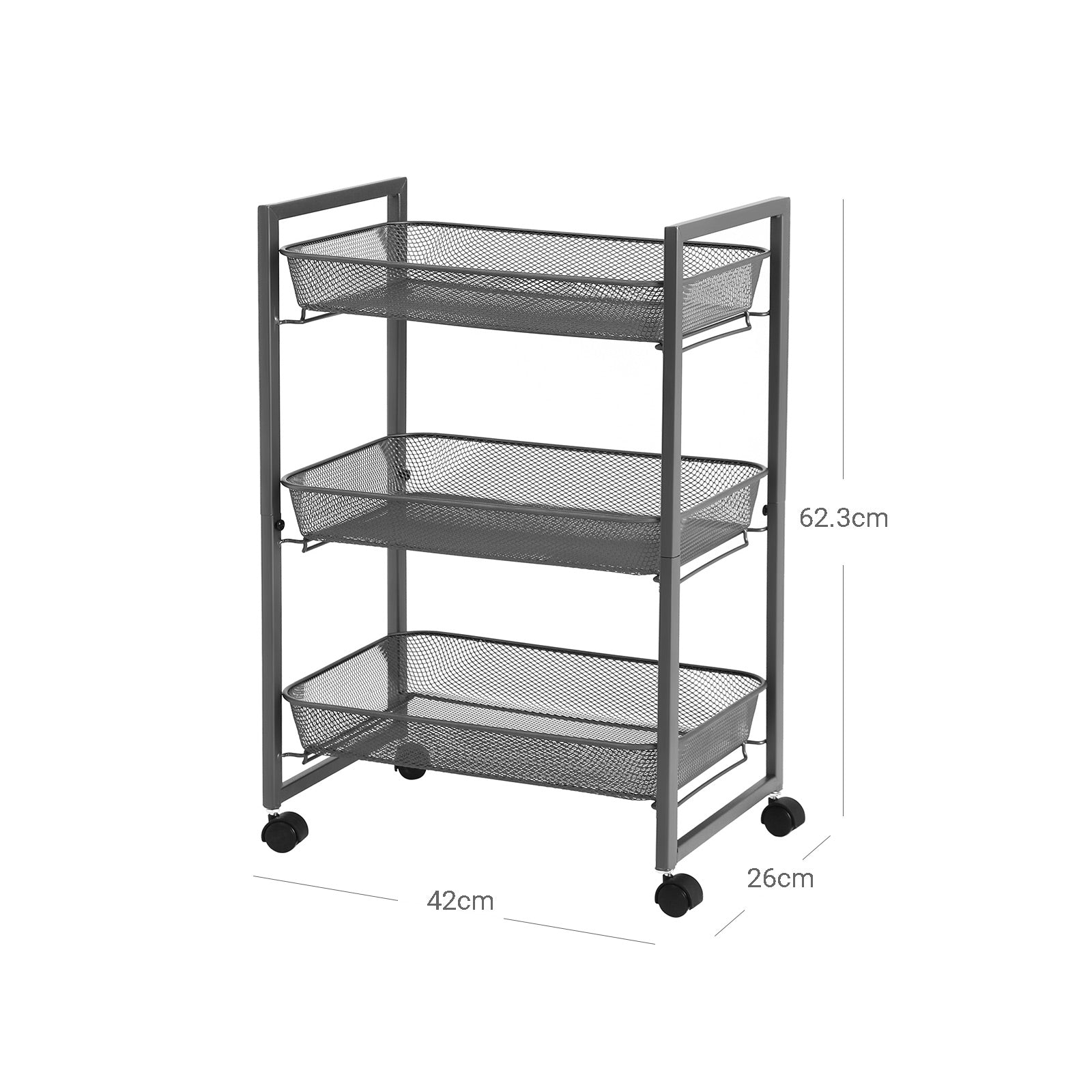 Storage Cart - Metal - Grey - 3-Tier with Wire Baskets for Kitchen and Bathroom