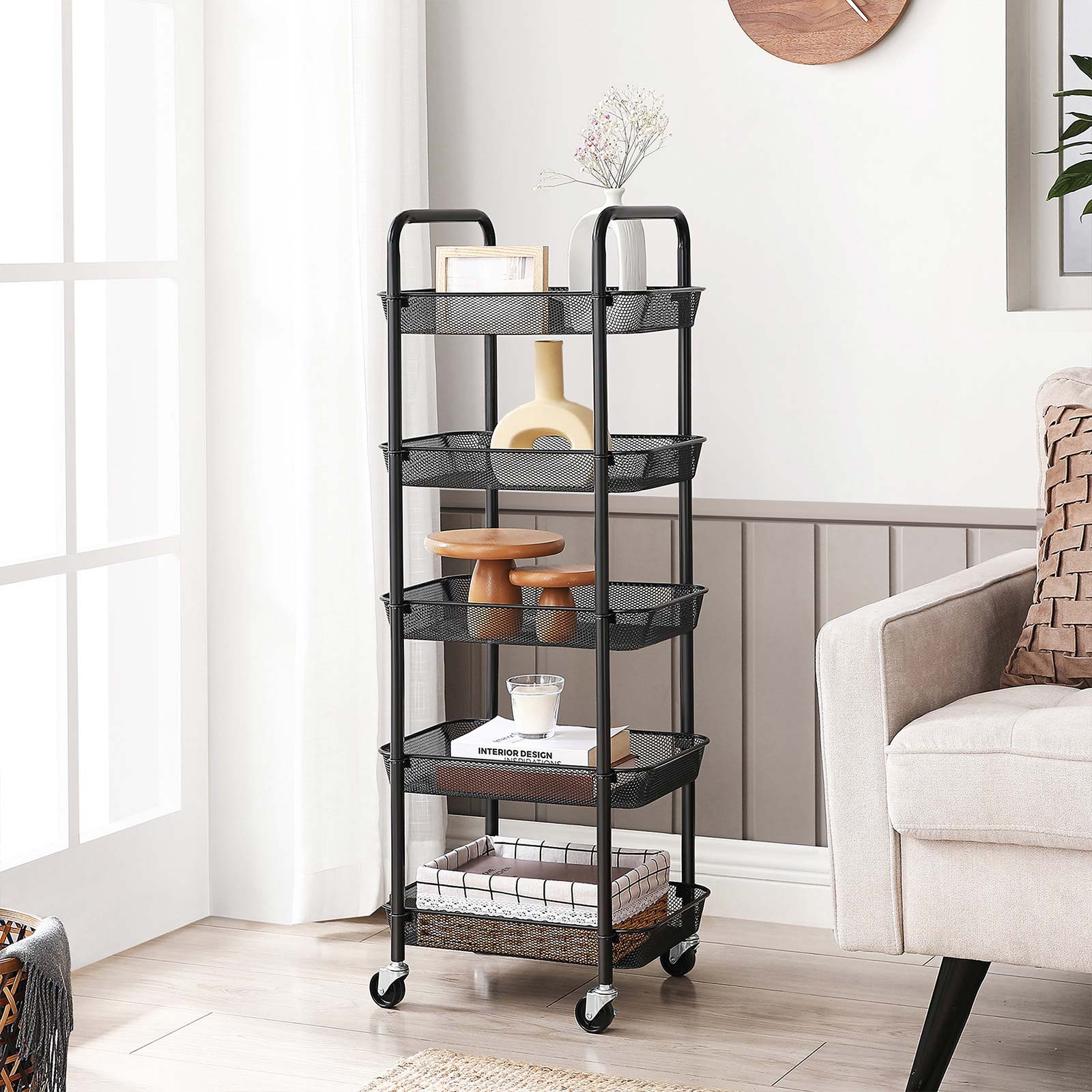 5-Tier Metal Storage Cart - Black - Rolling Utility Trolley with Handles and Brakes