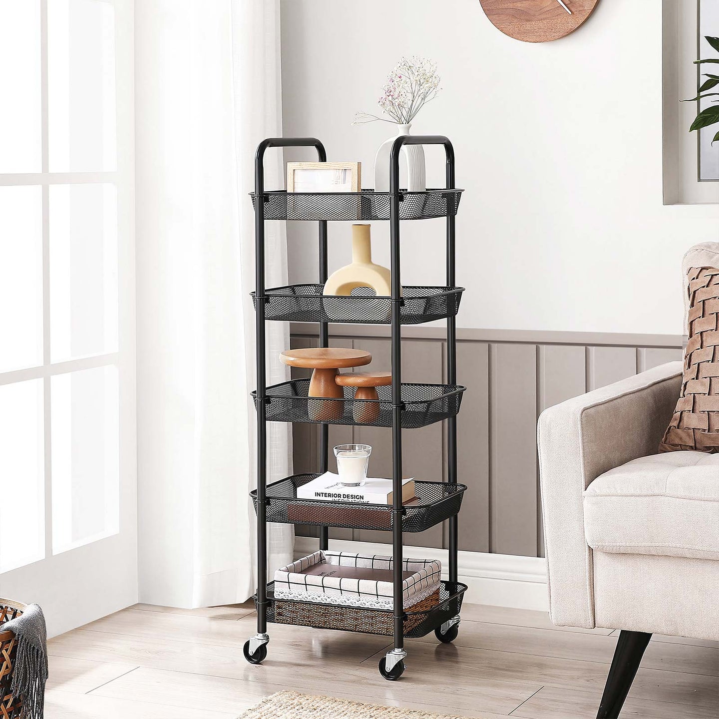 5-Tier Metal Storage Cart - Black - Rolling Utility Trolley with Handles and Brakes