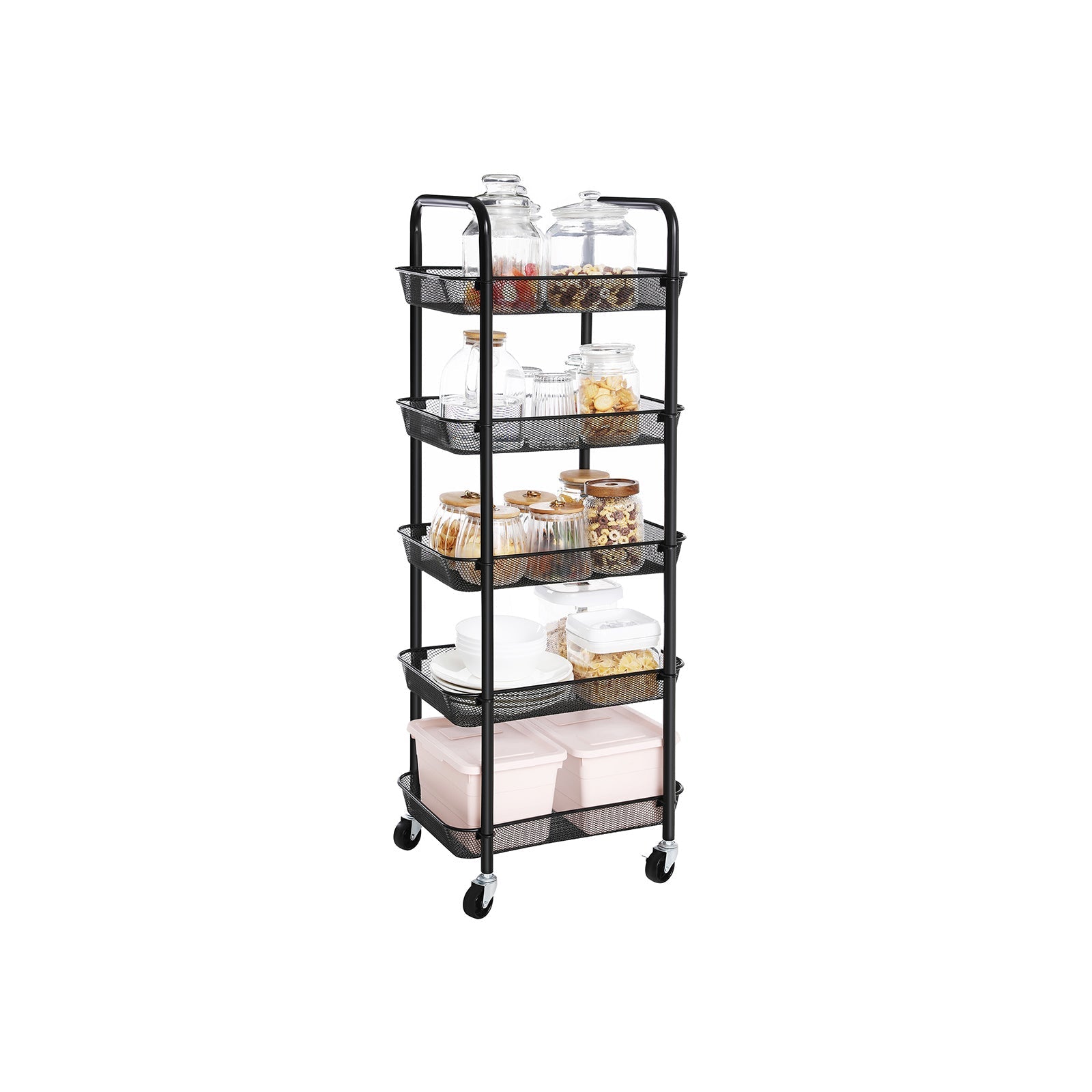 5-Tier Metal Storage Cart - Black - Rolling Utility Trolley with Handles and Brakes