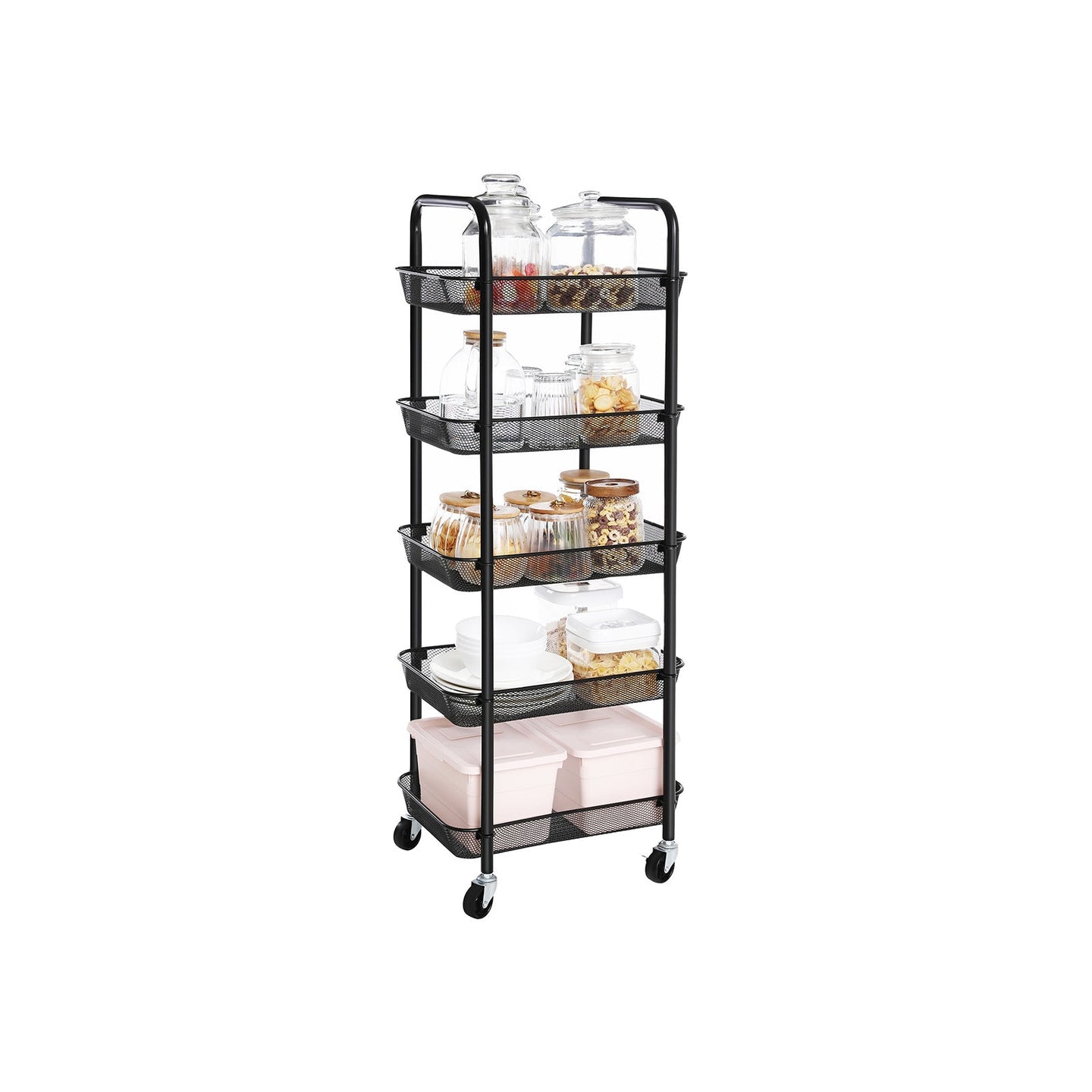 5-Tier Metal Storage Cart - Black - Rolling Utility Trolley with Handles and Brakes