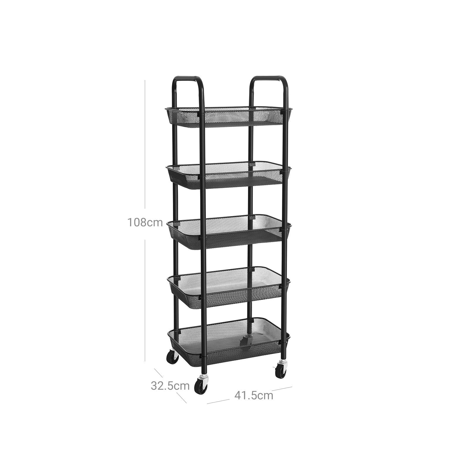 5-Tier Metal Storage Cart - Black - Rolling Utility Trolley with Handles and Brakes