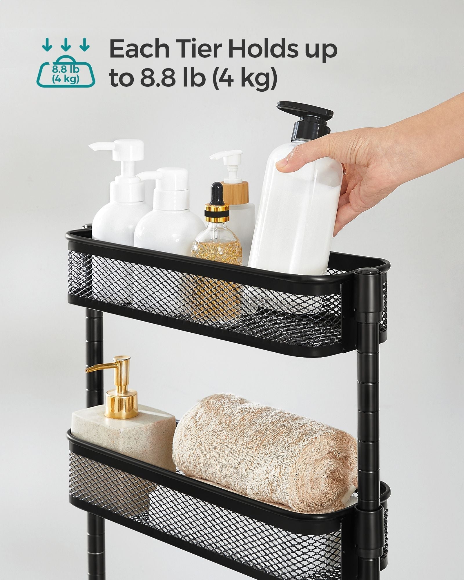 Slide-Out Household Trolley - Metal - Ink Black - Space Saving with 4 Wire Baskets