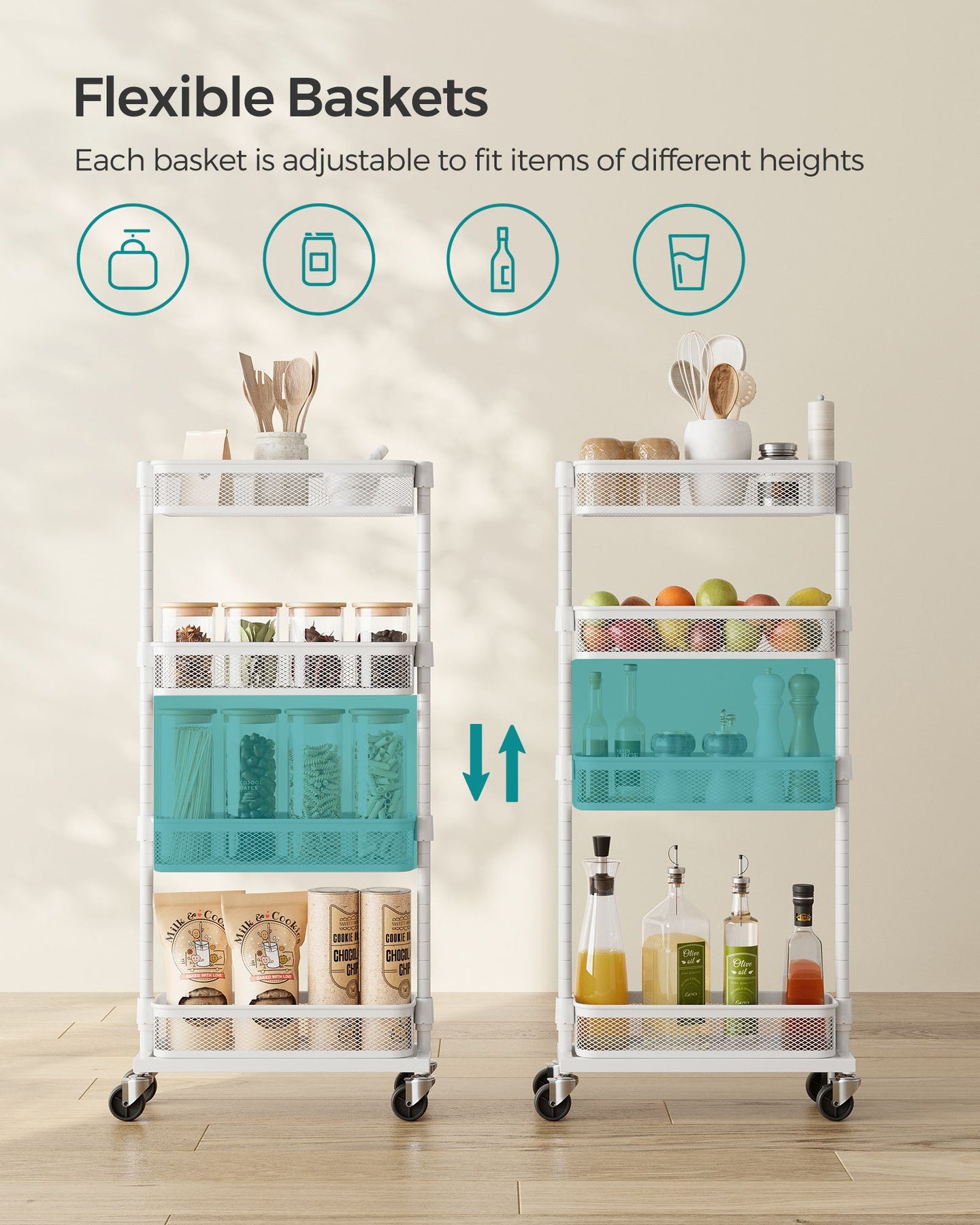 Slide-Out Trolley - Metal - Cloud White - Space Saving with 4 Wire Baskets