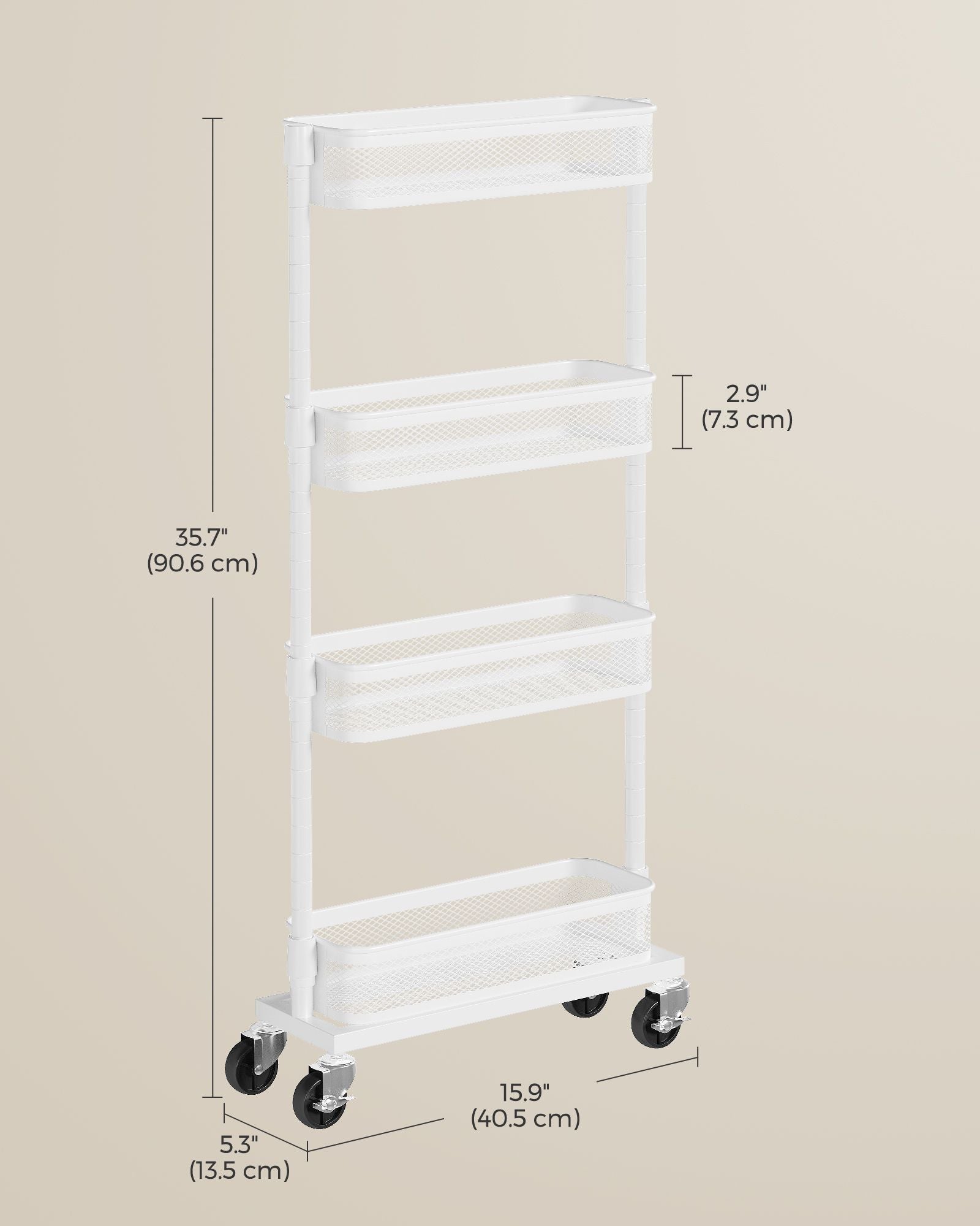 Slide-Out Trolley - Metal - Cloud White - Space Saving with 4 Wire Baskets