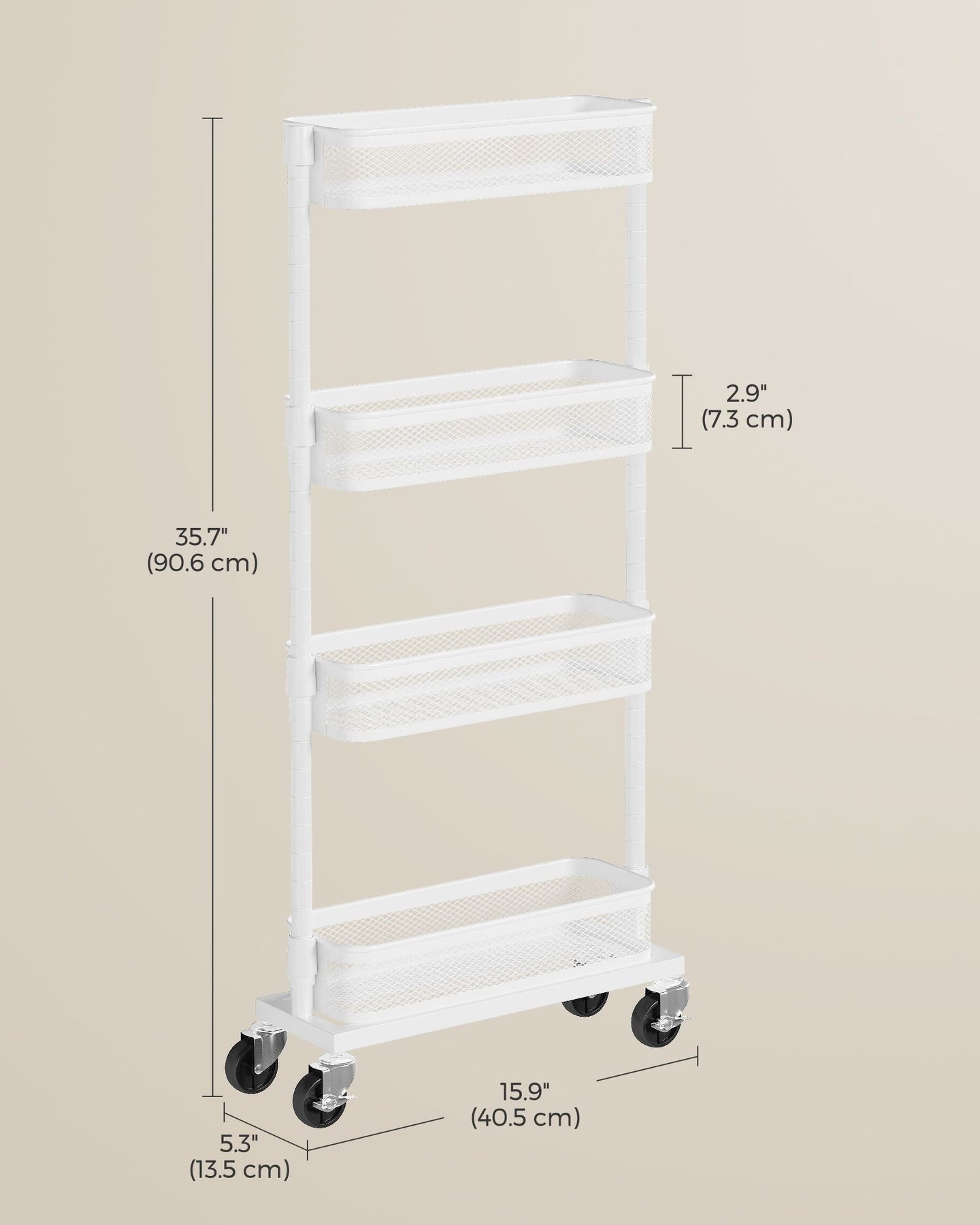 Slide-Out Trolley - Metal - Cloud White - Space Saving with 4 Wire Baskets