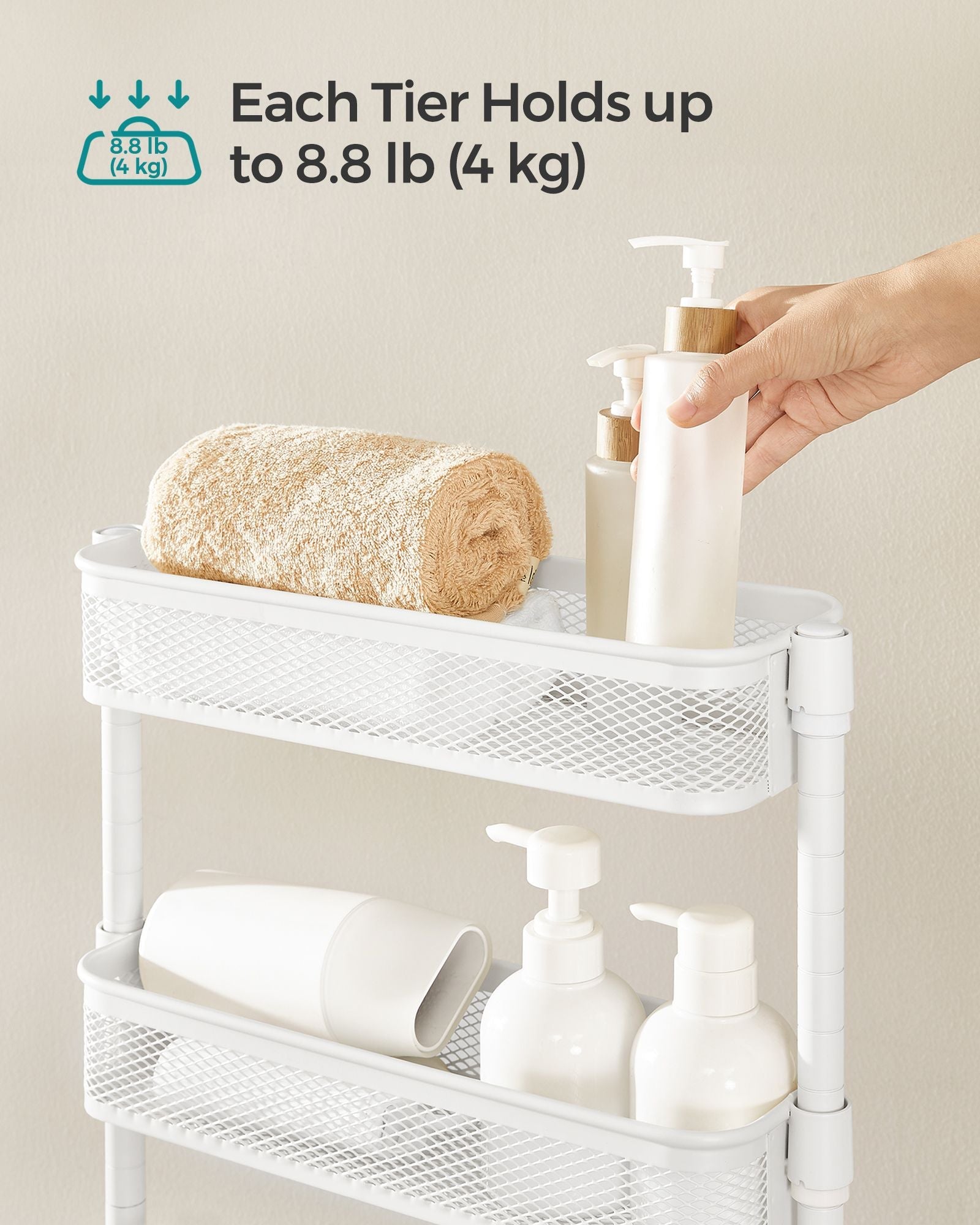 Slide-Out Trolley - Metal - Cloud White - Space Saving with 4 Wire Baskets