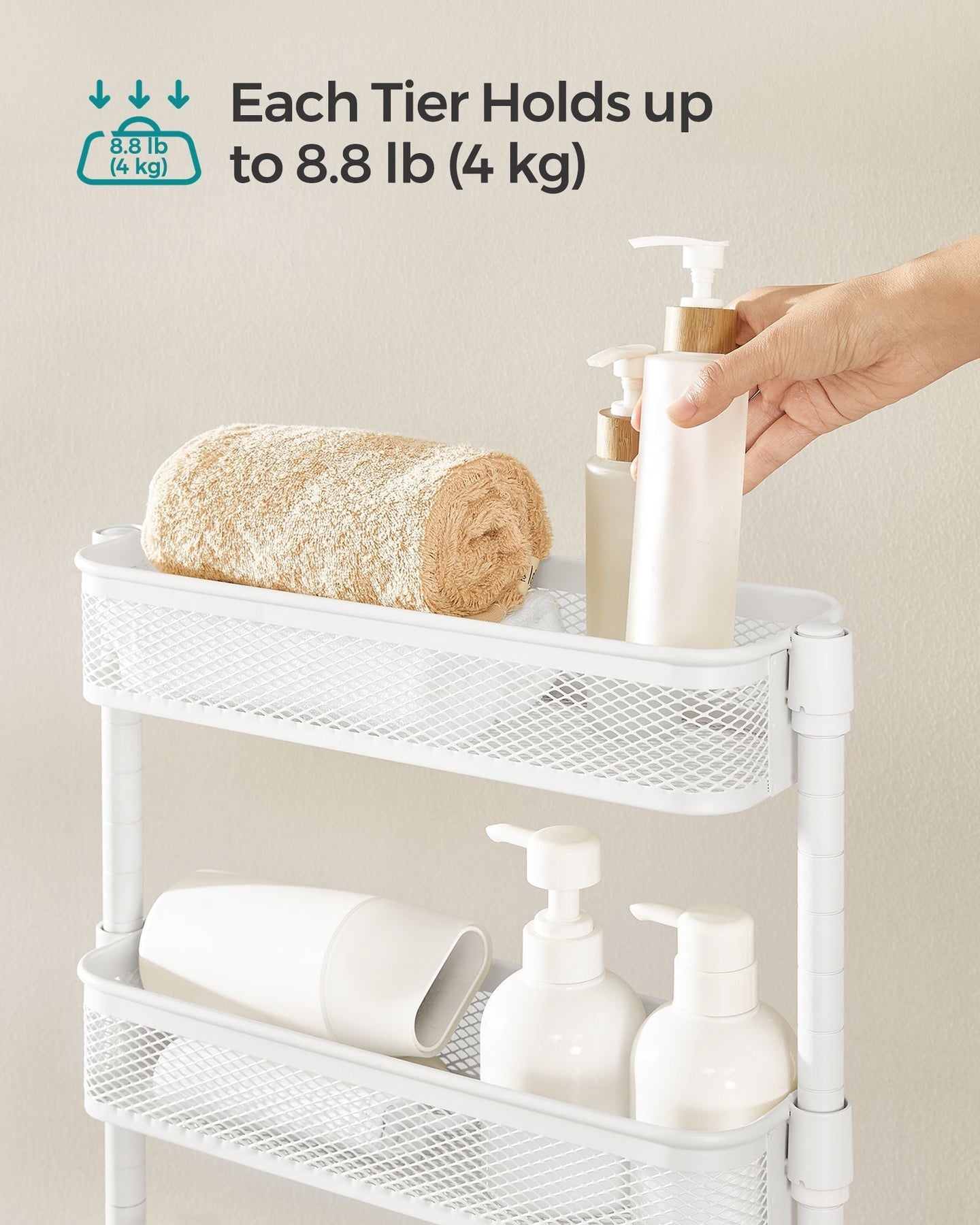 Slide-Out Trolley - Metal - Cloud White - Space Saving with 4 Wire Baskets