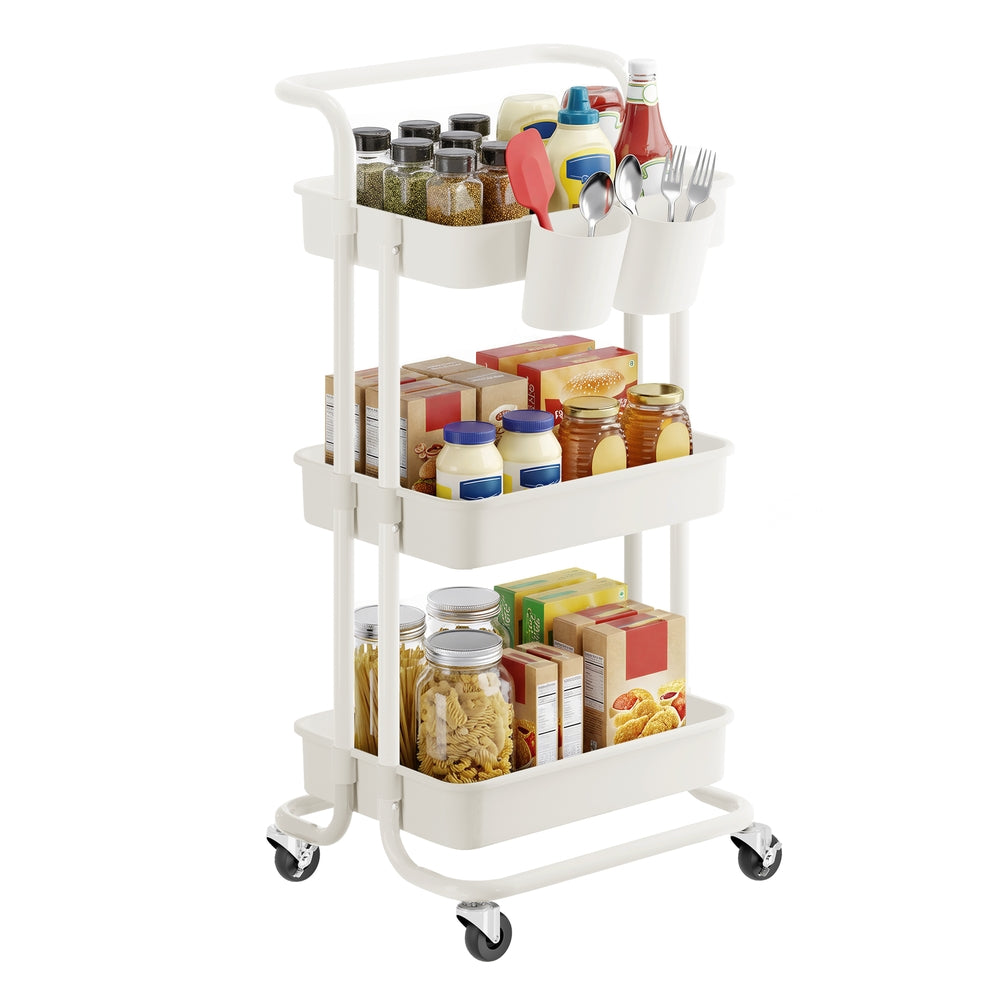 3-Tier Storage Trolley - Steel Frame and Plastic Baskets - White