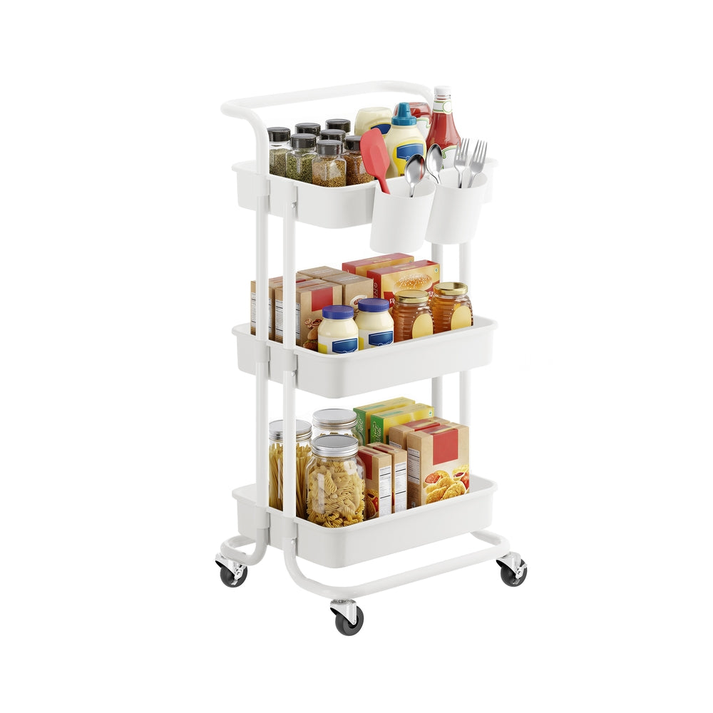 3-Tier Storage Trolley - Steel Frame and Plastic Baskets - White