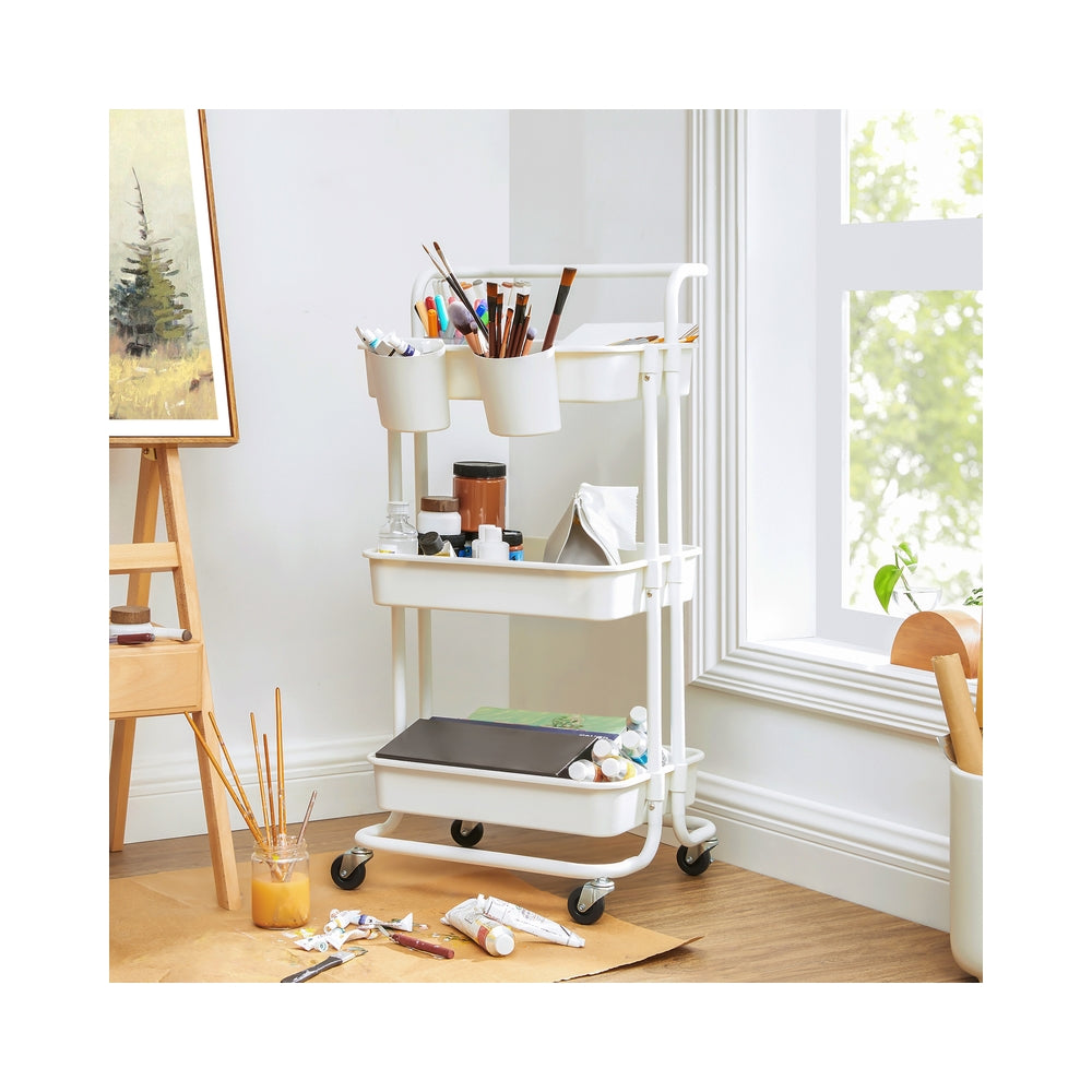 3-Tier Storage Trolley - Steel Frame and Plastic Baskets - White