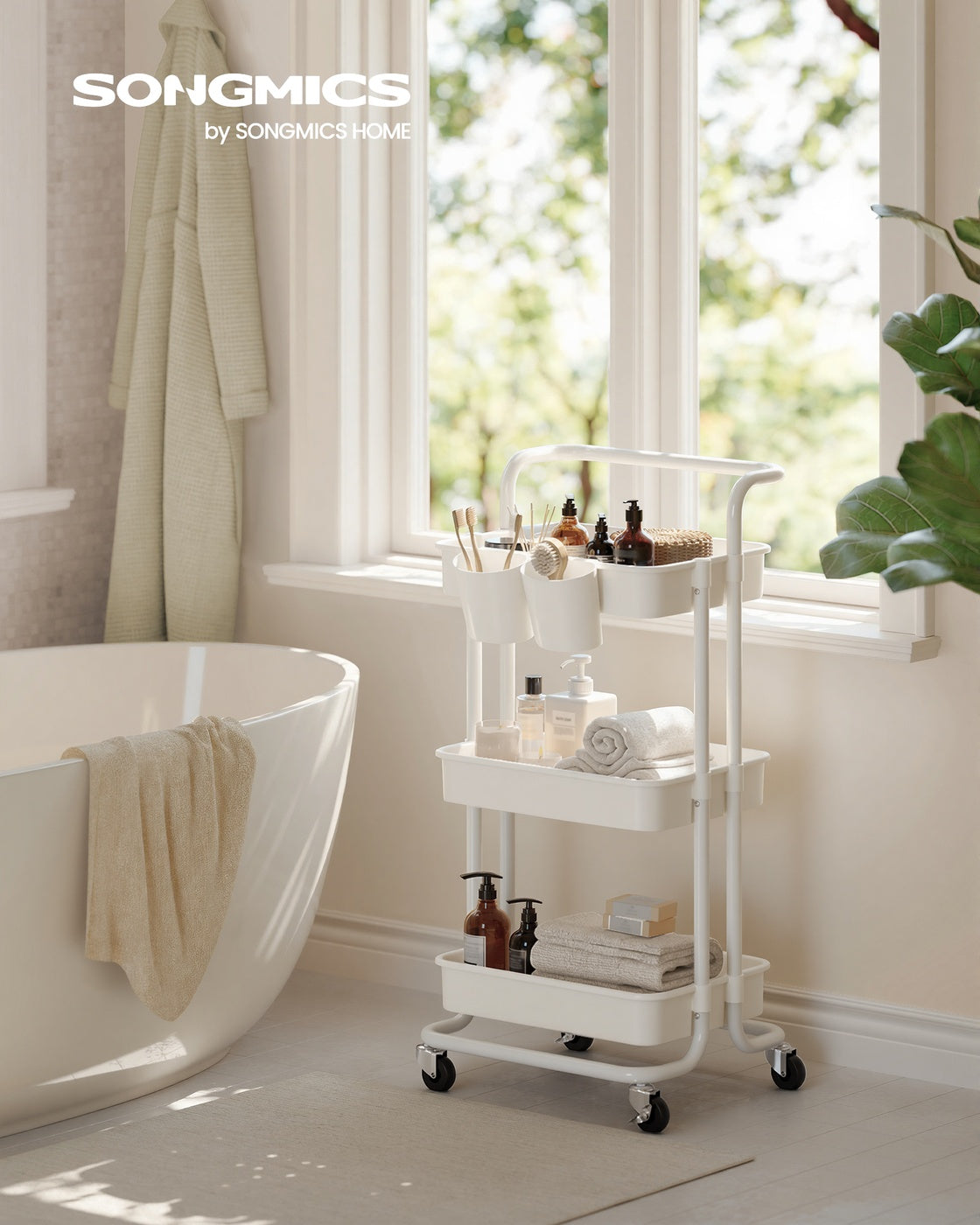 3-Tier Storage Trolley - Steel Frame and Plastic Baskets - White