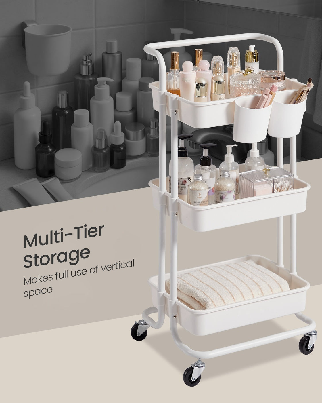 3-Tier Storage Trolley - Steel Frame and Plastic Baskets - White