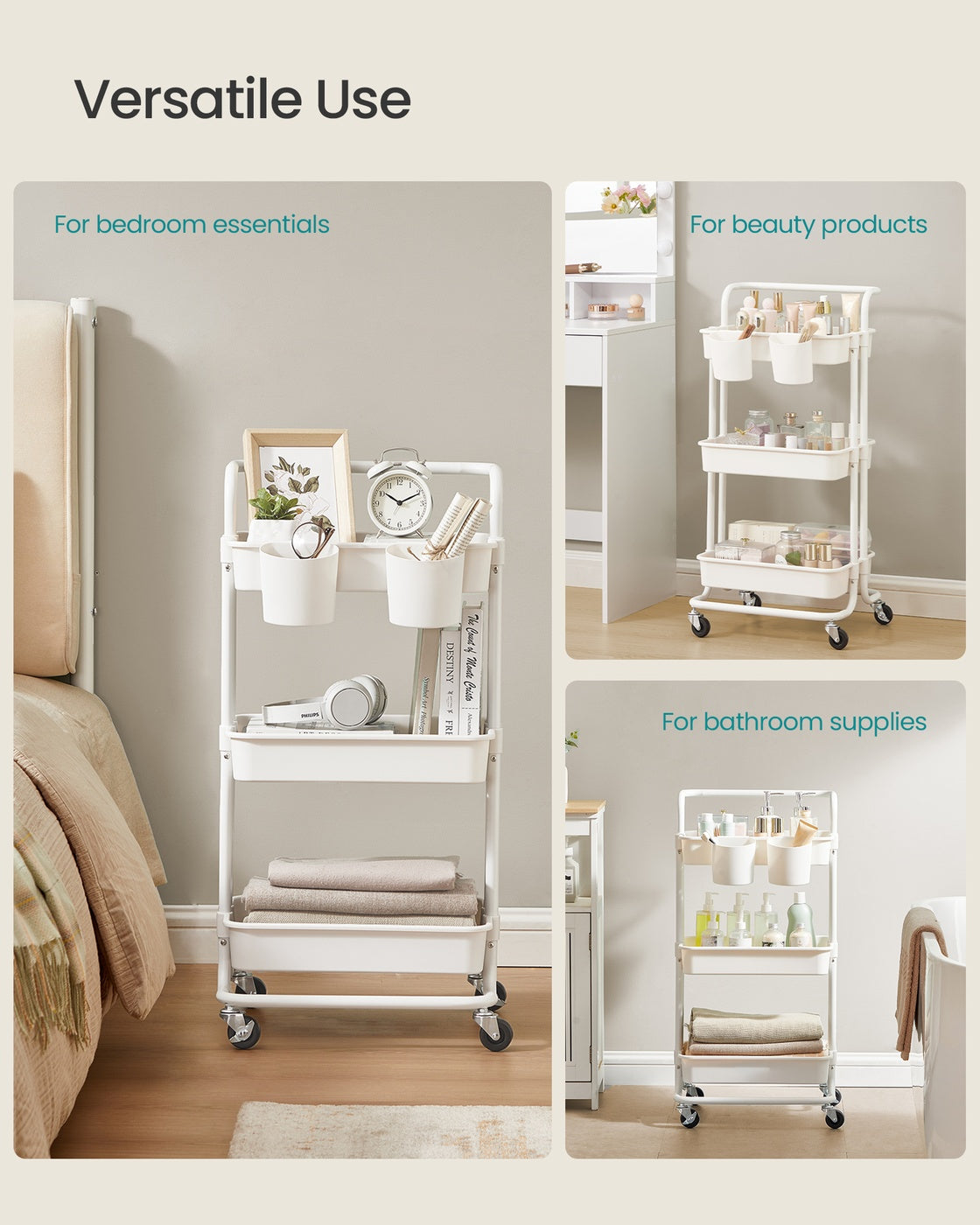 3-Tier Storage Trolley - Steel Frame and Plastic Baskets - White