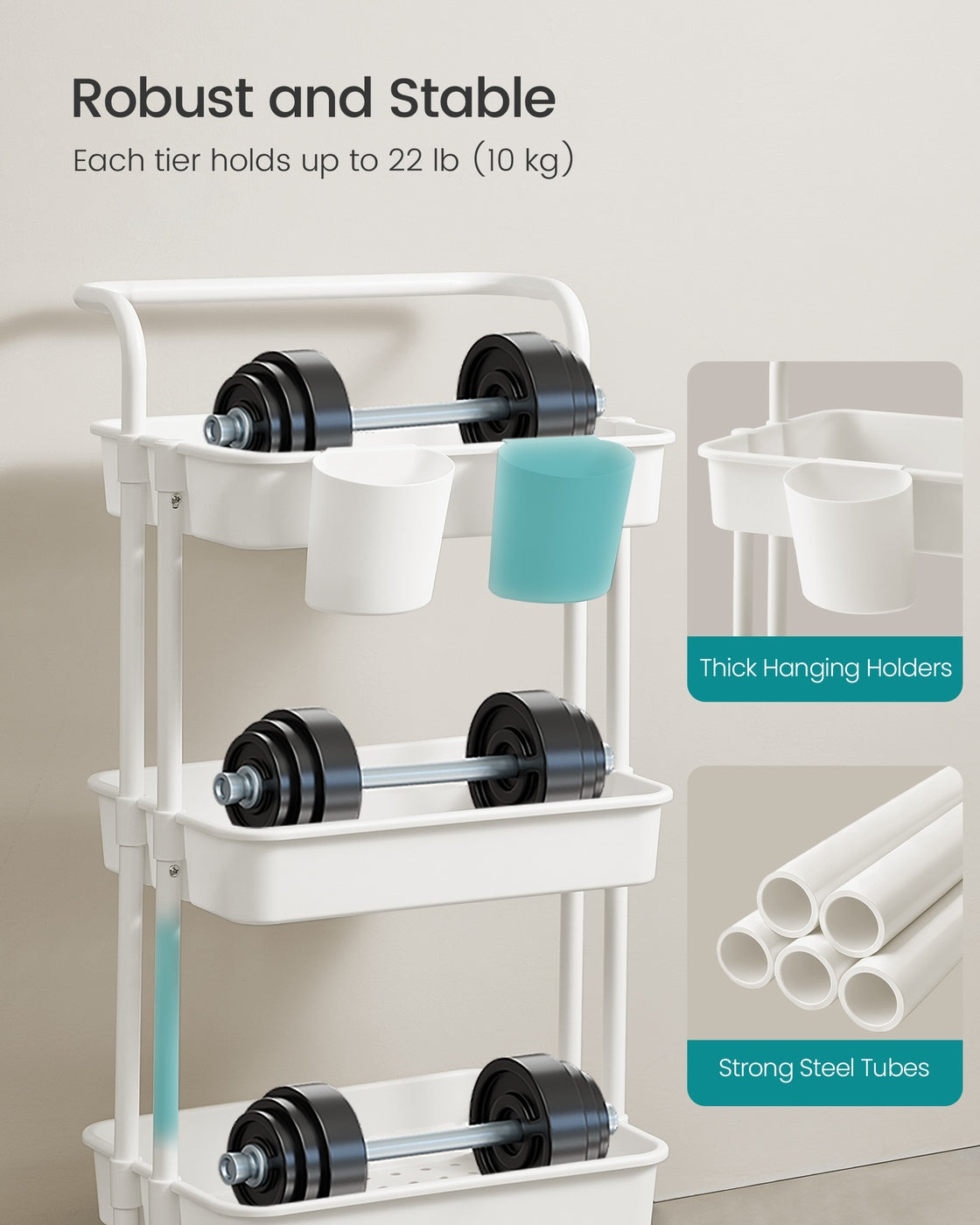 3-Tier Storage Trolley - Steel Frame and Plastic Baskets - White